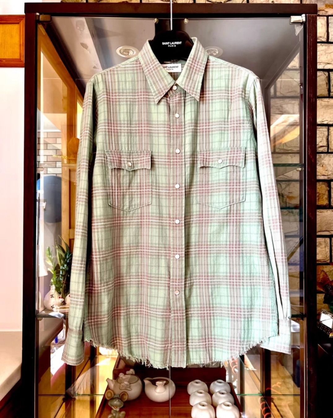 Saint Laurent Grass green checked burlap spoiler shirt