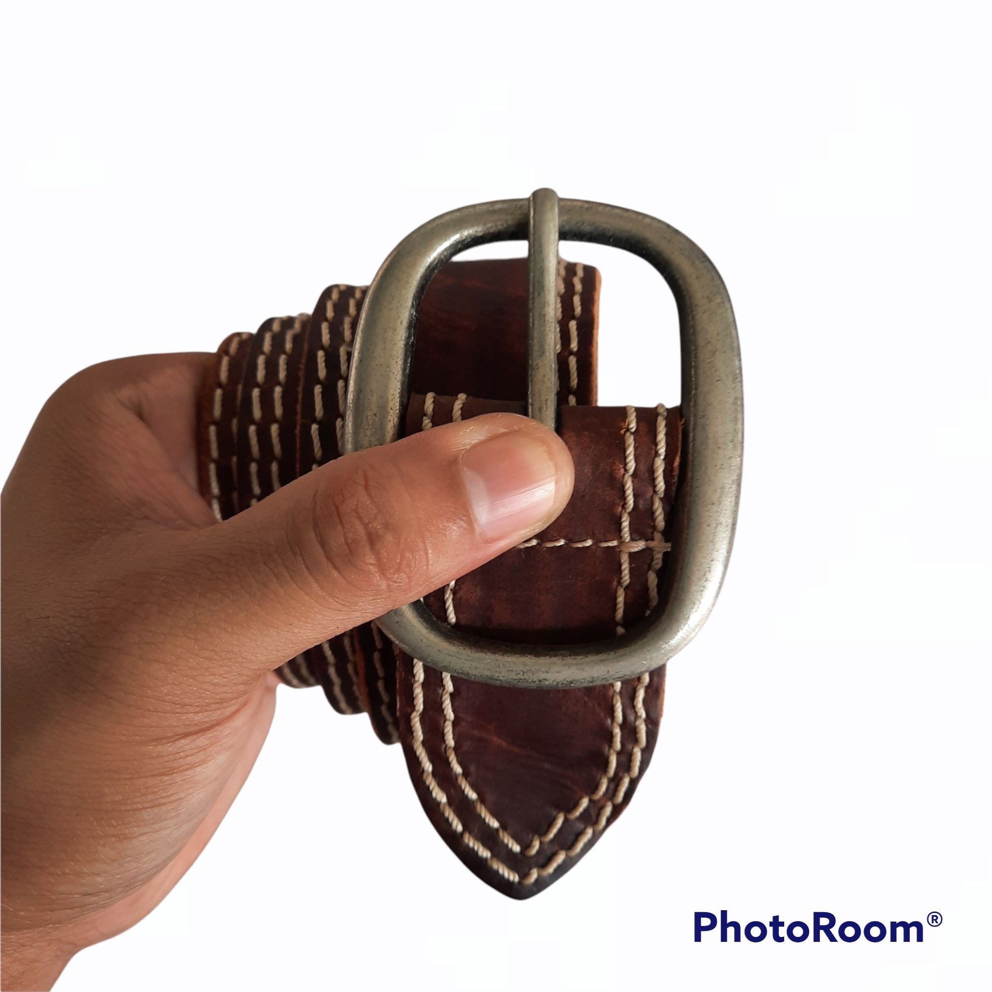 image of Archival Clothing Vintage Garrison Double Stitching Stripes Leather Belt, Men's
