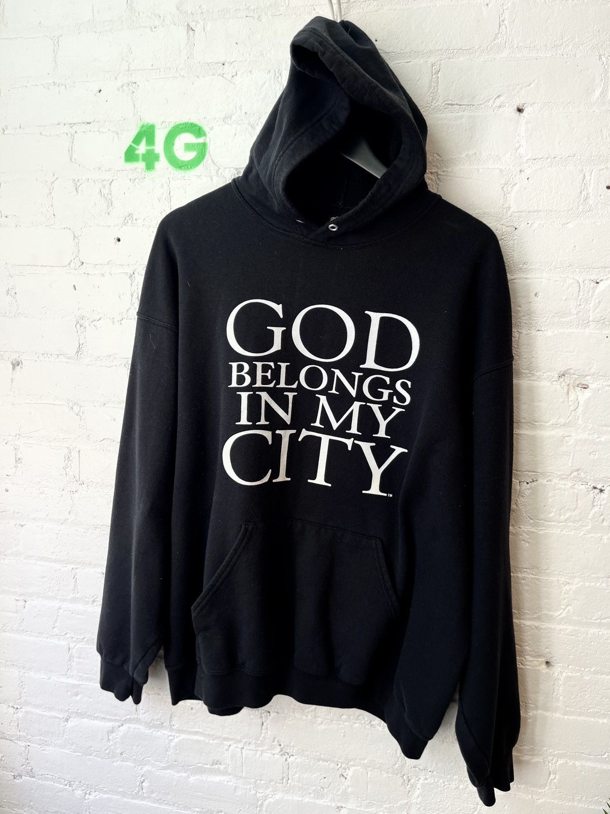 image of Vintage God Belongs In My City Hoodie XL Black Thrashed, Men's