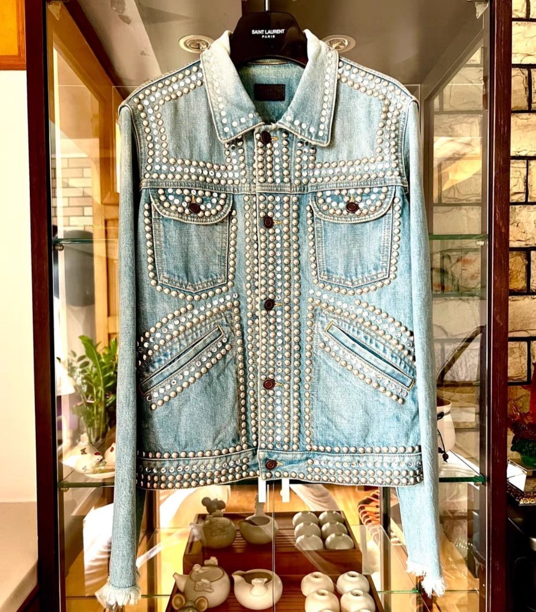 Saint Laurent Paris Saint Laurent Light blue studded rhinestone trimmed jacket Size US M / EU 48-50 / 2 - 1 Thumbnail