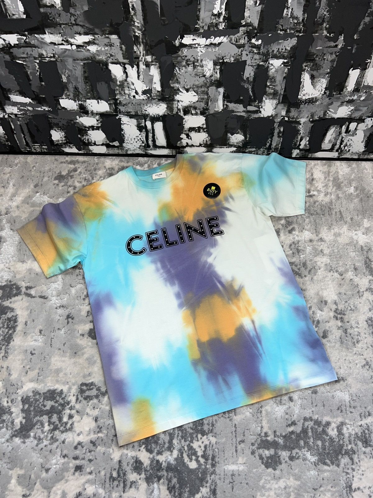 image of Celine Tie Dye Stud Logo T Shirt, Men's (Size Small)