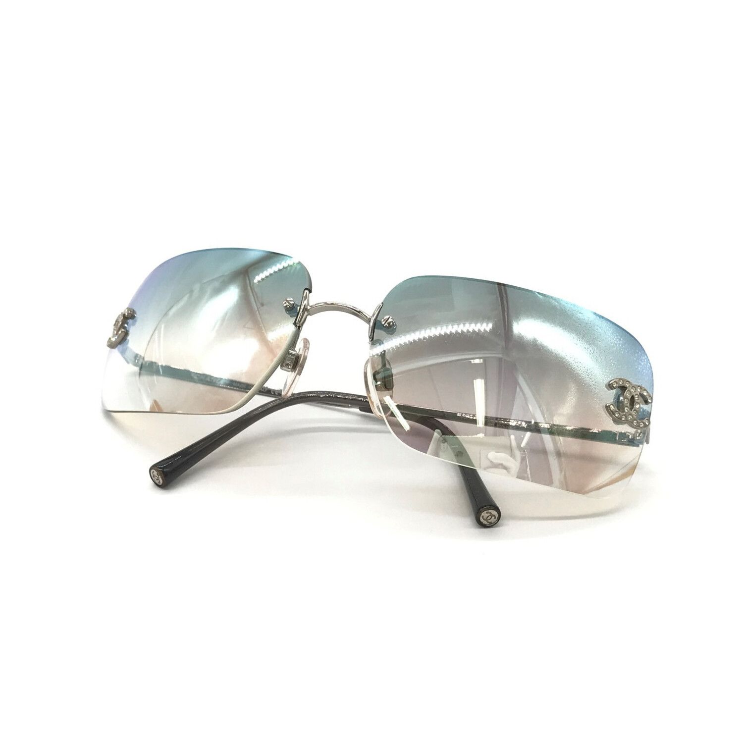 Chanel Chanel Silver Aqua Blue Tinted Rhinestone Sunglasses 4017