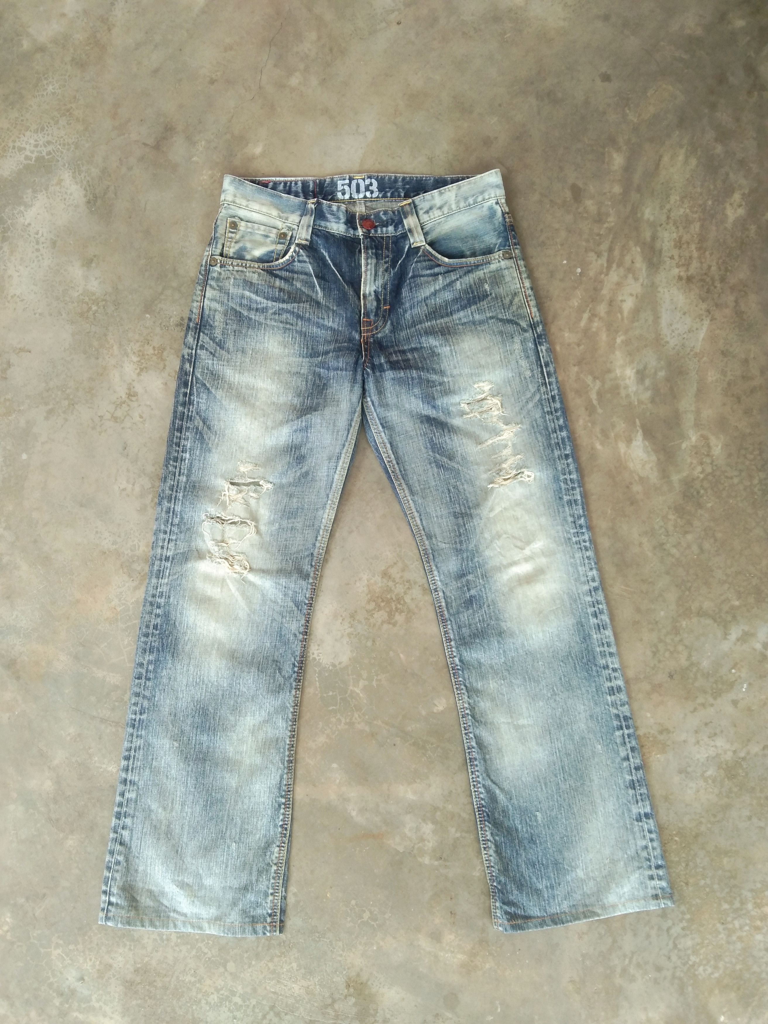 image of Distressed Edwin 503 Rust Blue Flared Jeans 32X30.5 in Stonewash Blue, Men's