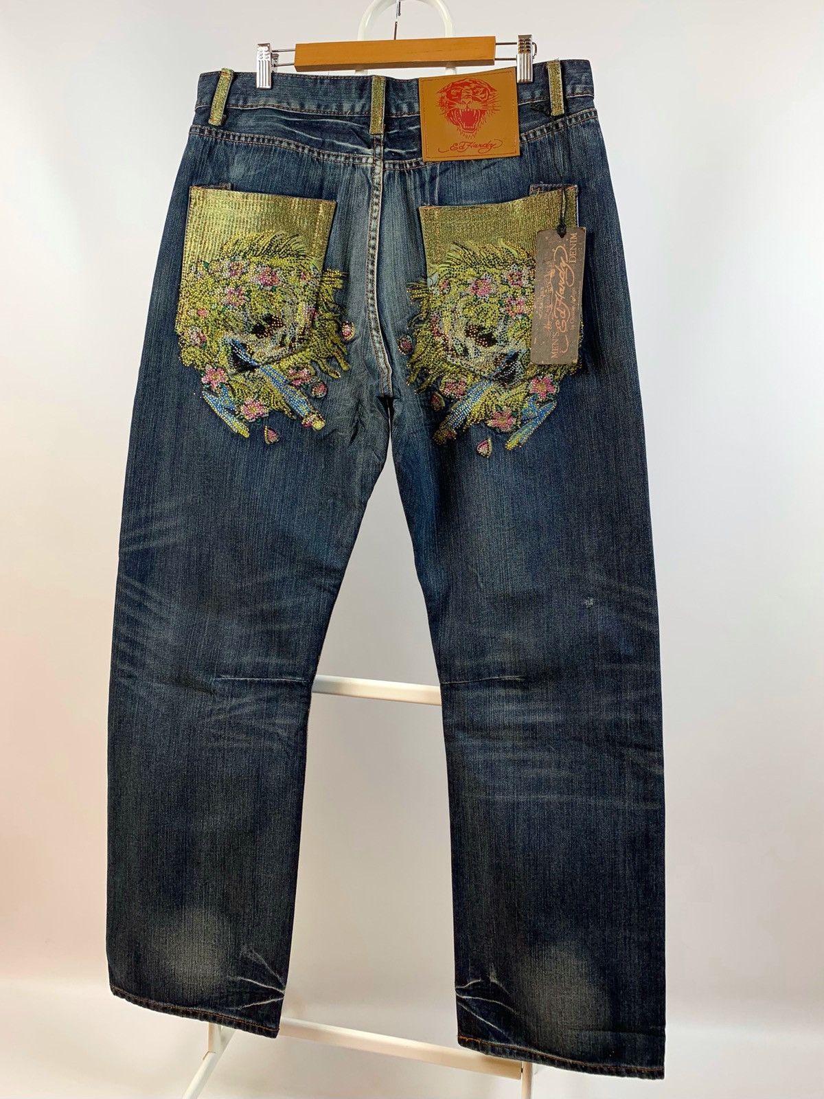 Pre-owned Christian Audigier X Ed Hardy Nwt Ed Hardy Christian Audigier Brilliant Skull Denim Pants In Blue
