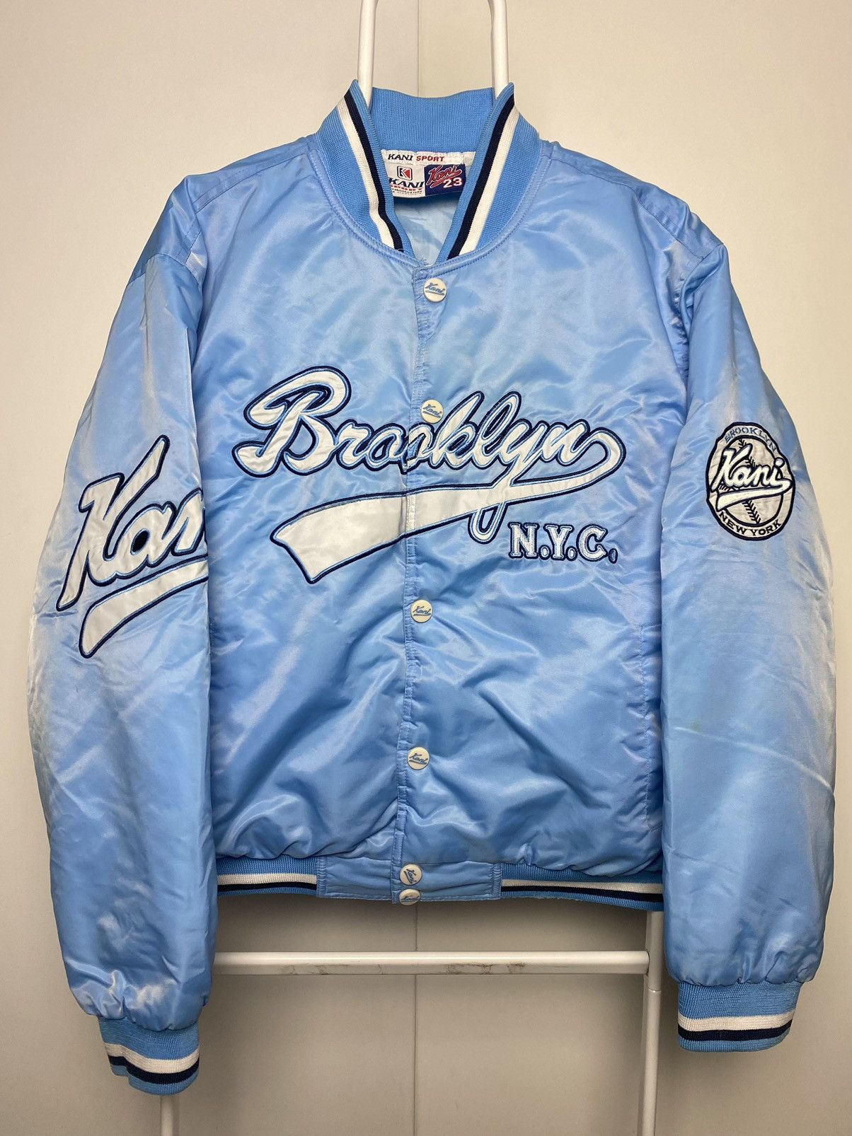 Image of Kani x Karl Kani 23 Brooklyn Vintage Navy Baby Blue Jacket Big Logo, Men's (Size Small)