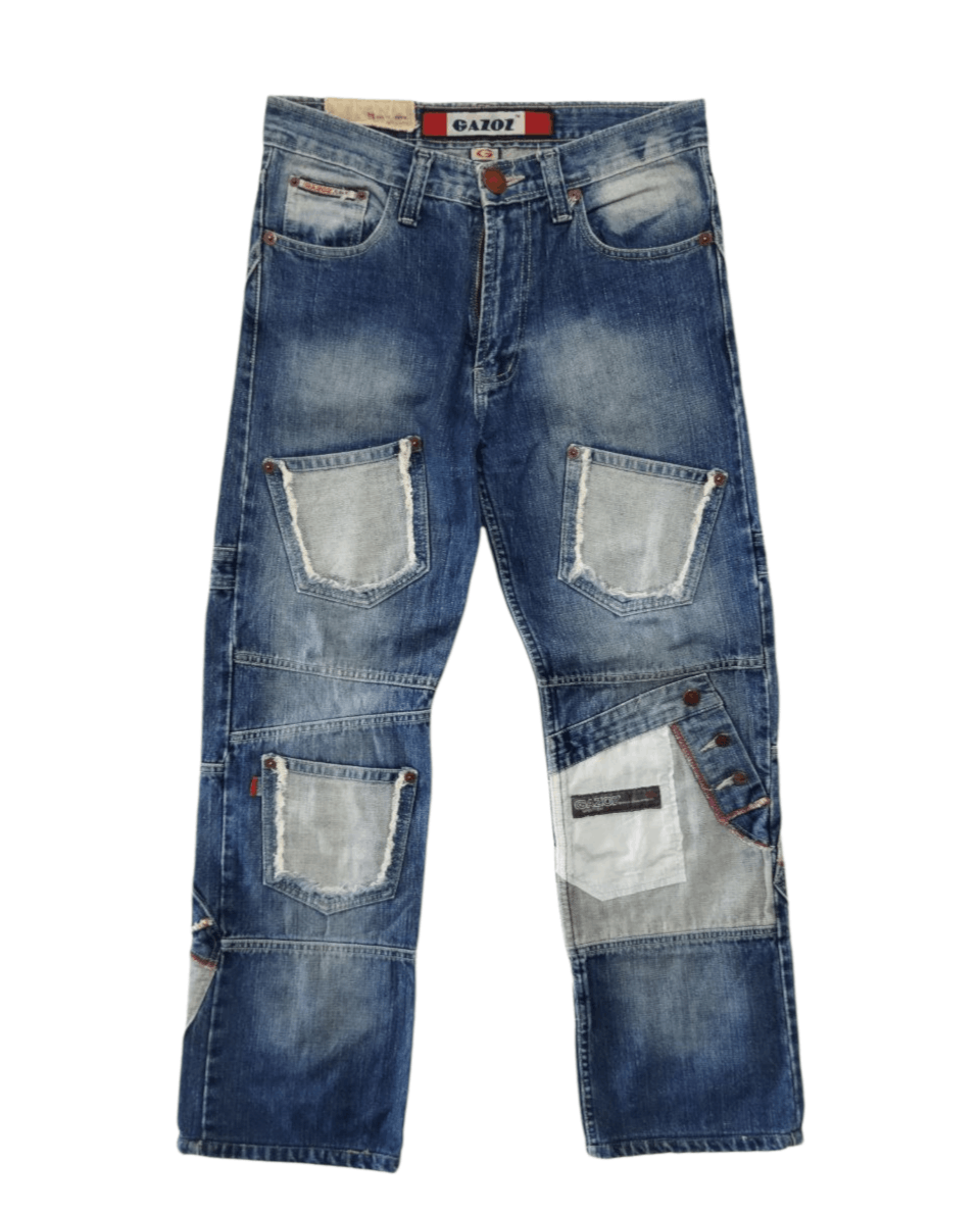 image of Vintage gazoz Multipocket Patched Style Design Jeans in Blue Distressed, Men's (Size 33)