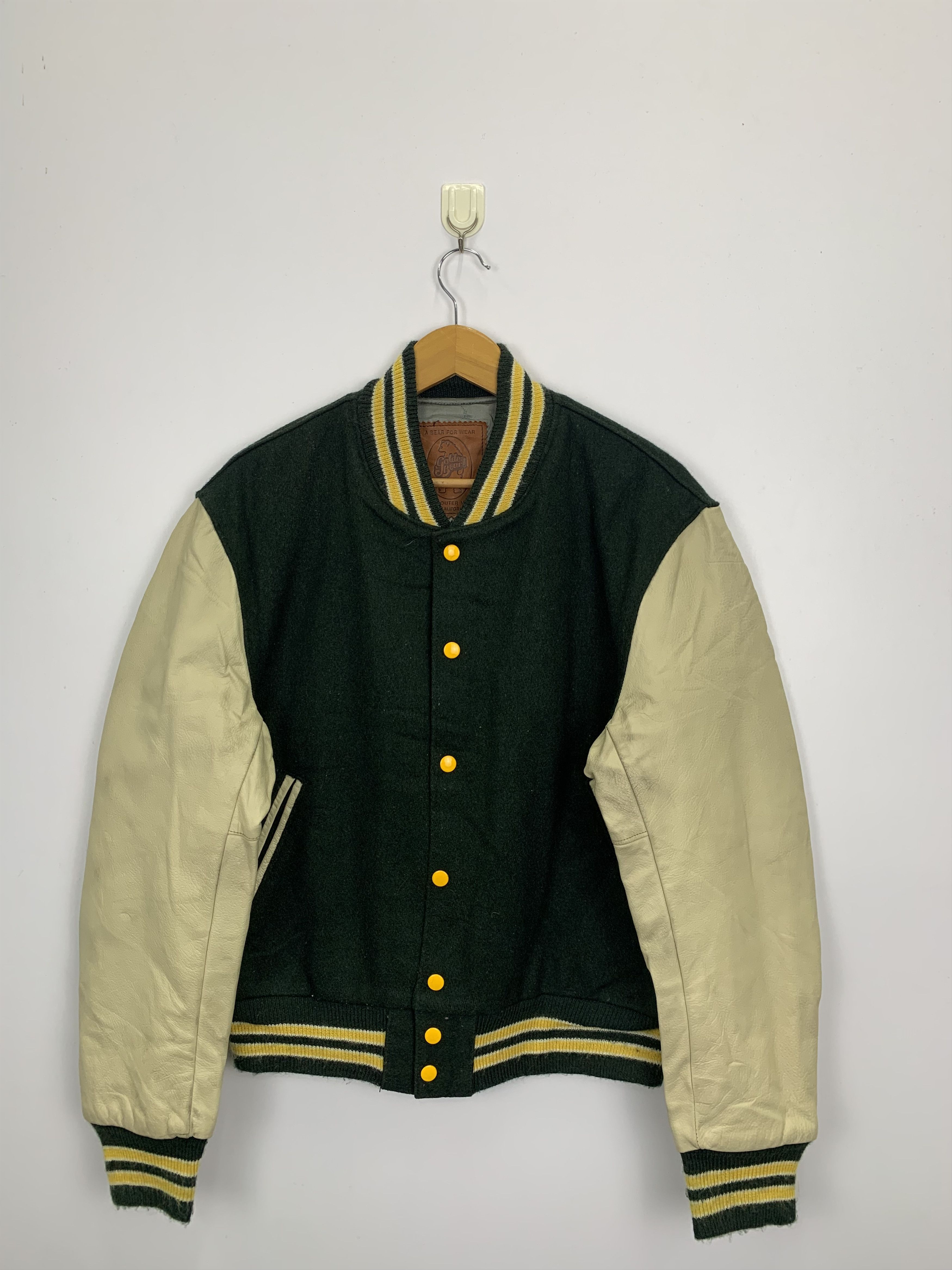 image of Vintage 90's Golden Bear Sleeve Leather Varsity Jacket Green, Men's (Size Medium)