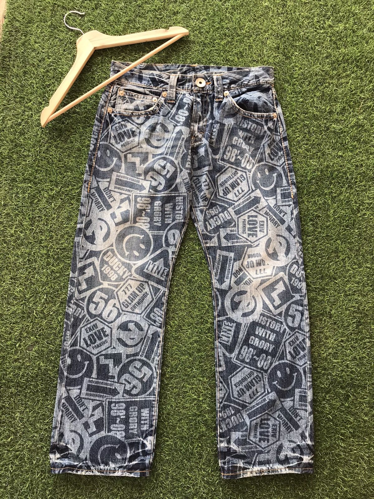 image of Distressed Denim x Vintage Best Offer Nice Design Co & Lu Full Print Jeans in Denim Blue (Size 32)