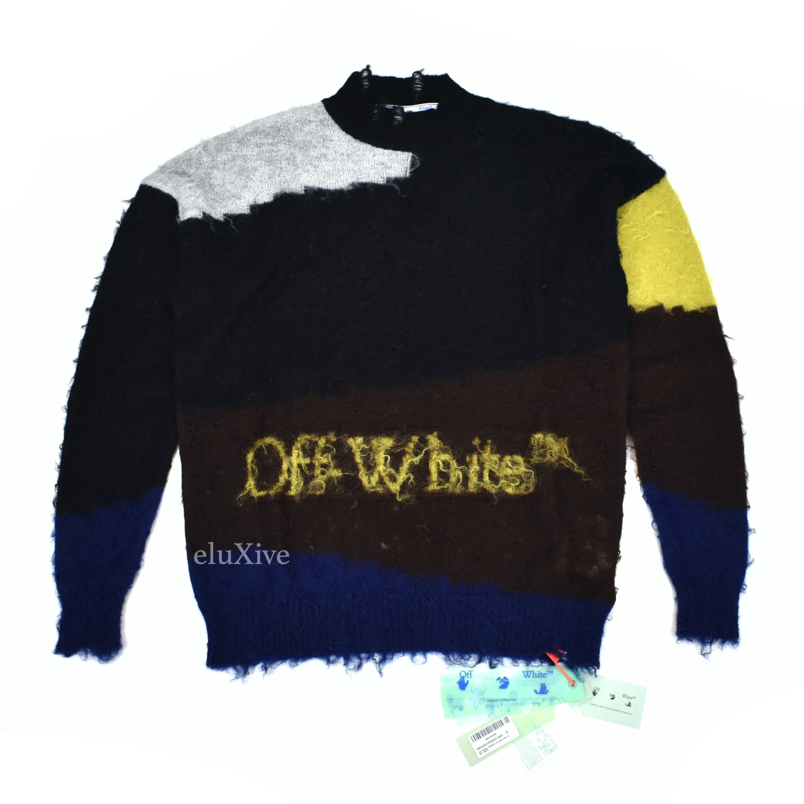 image of Off White Off-White Logo Knit Distressed Mohair Punked Sweater NWT in Black, Men's (Size Small)