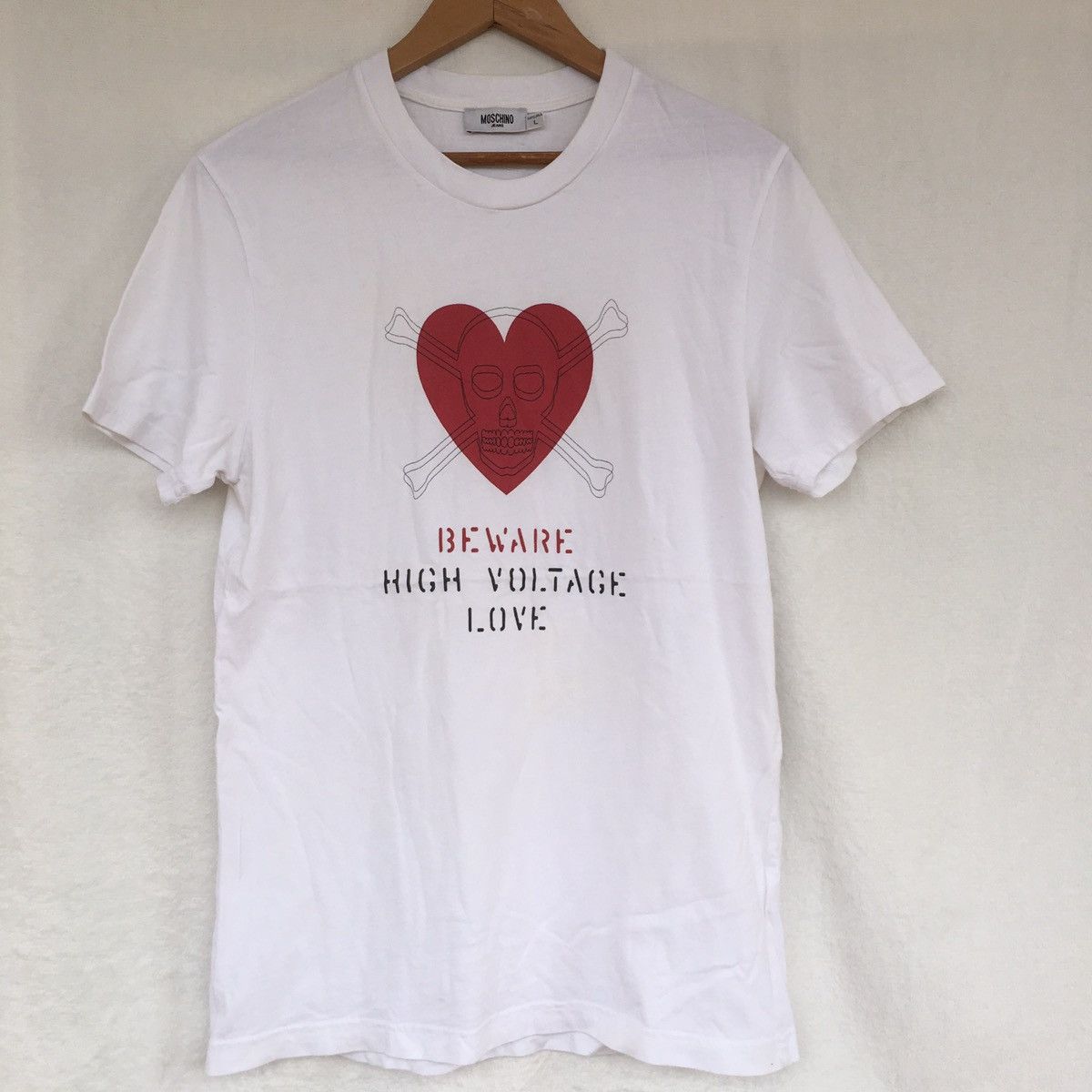 image of Moschino Tee “High Voltage Love” in White, Men's (Size Large)