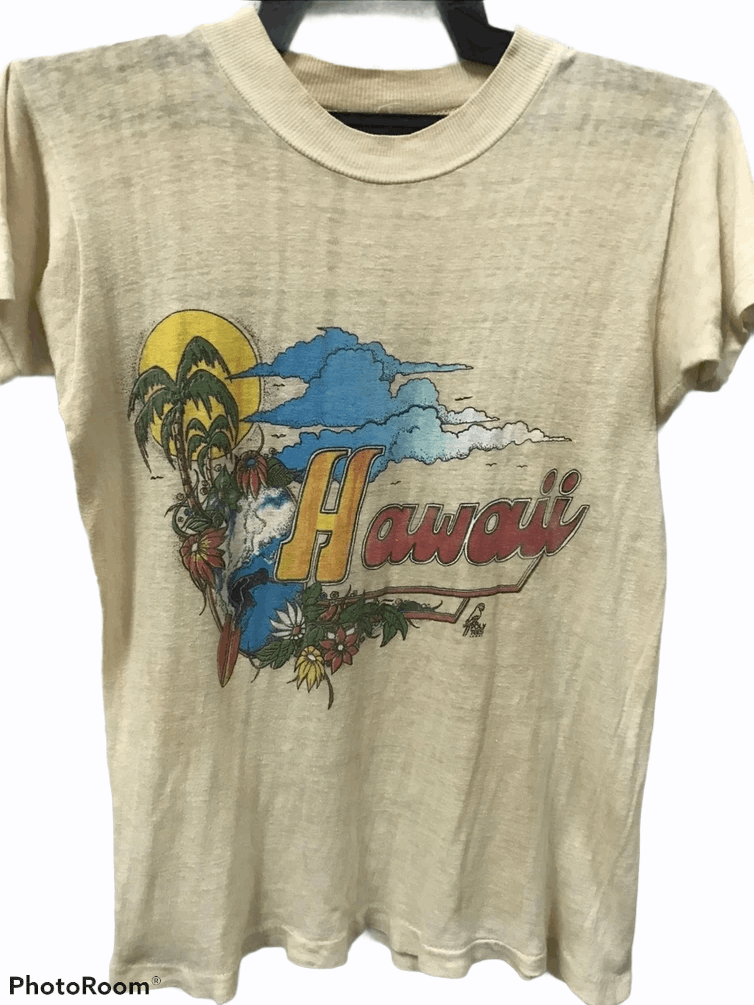 image of Hawaiian Shirt x Made In USA Vintage 70's 80's Hawaii Polytees T-Shirts in Cream, Men's (Size Small