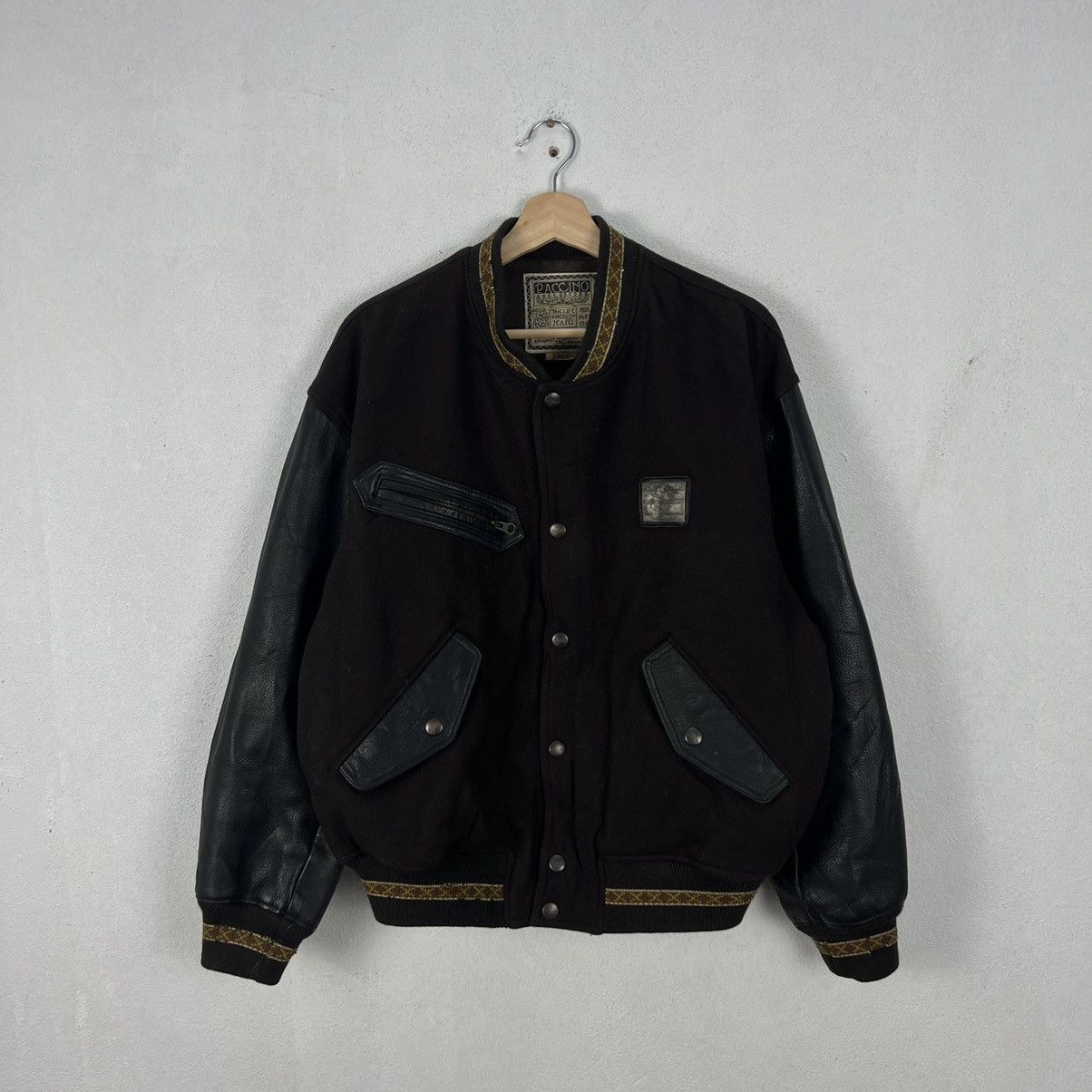 Japanese Brand VINTAGE VARSITY JACKET PACCINO BIG LOGO LEATHER HANDLING Size US M / EU 48-50 / 2 - 2 Thumbnail