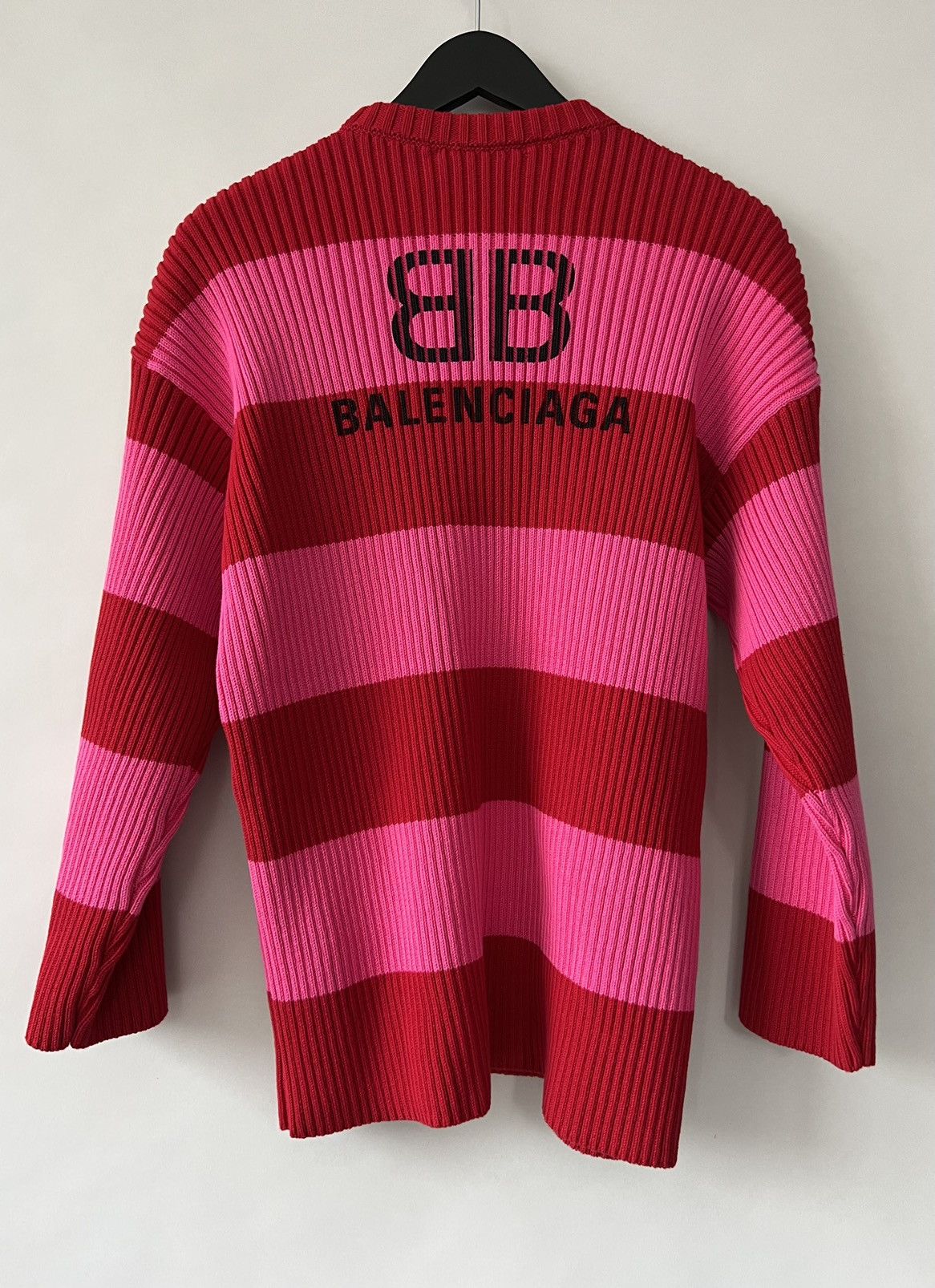 image of Balenciaga Bicolor Stripe Oversized Sweater With Logo Print in Pink, Men's (Size Small)