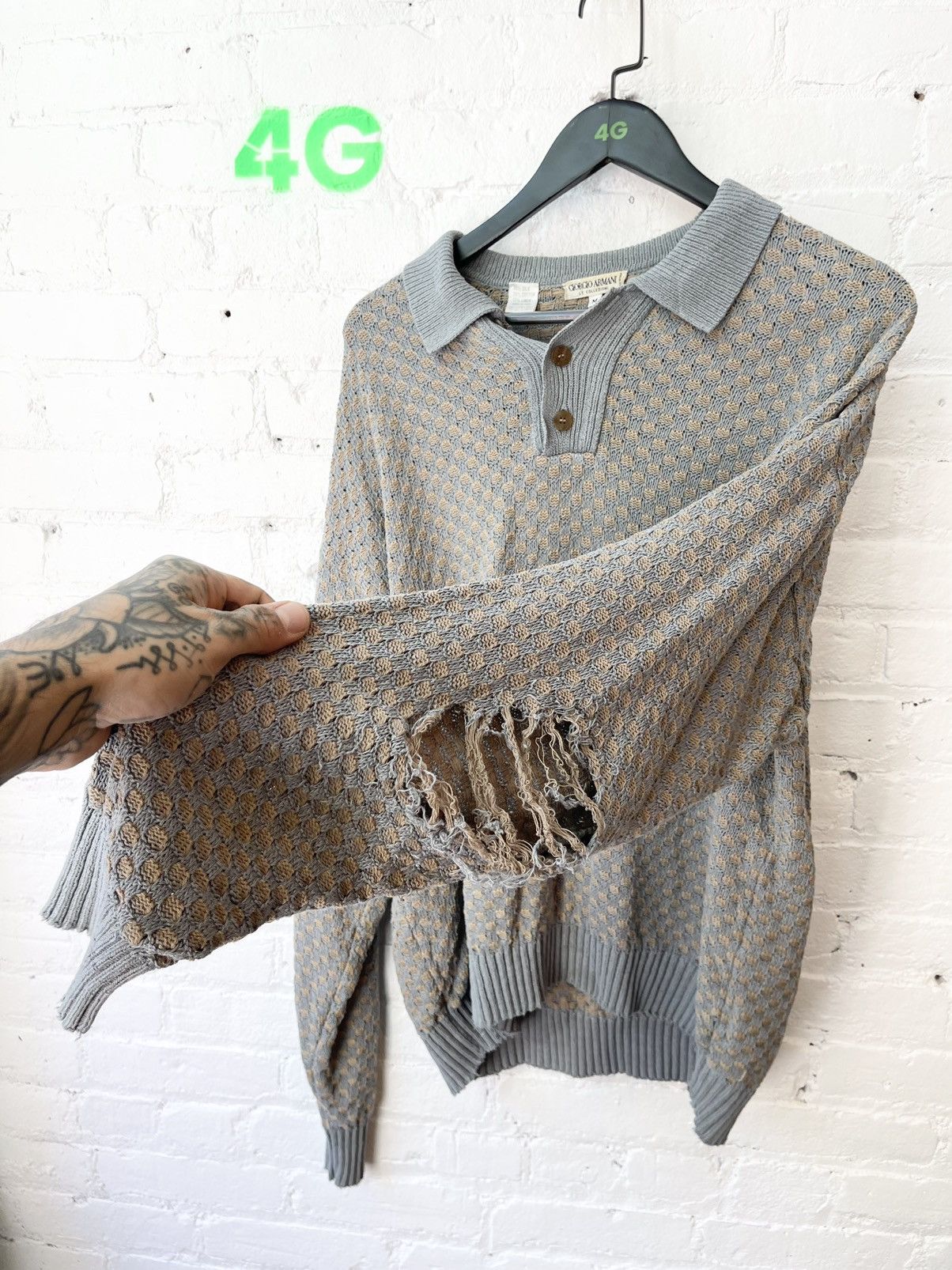 image of Giorgio Armani x Vintage Thrashed Giorgi Armani Silk Sweater M-Xl in Light Blue, Men's (Size Large)