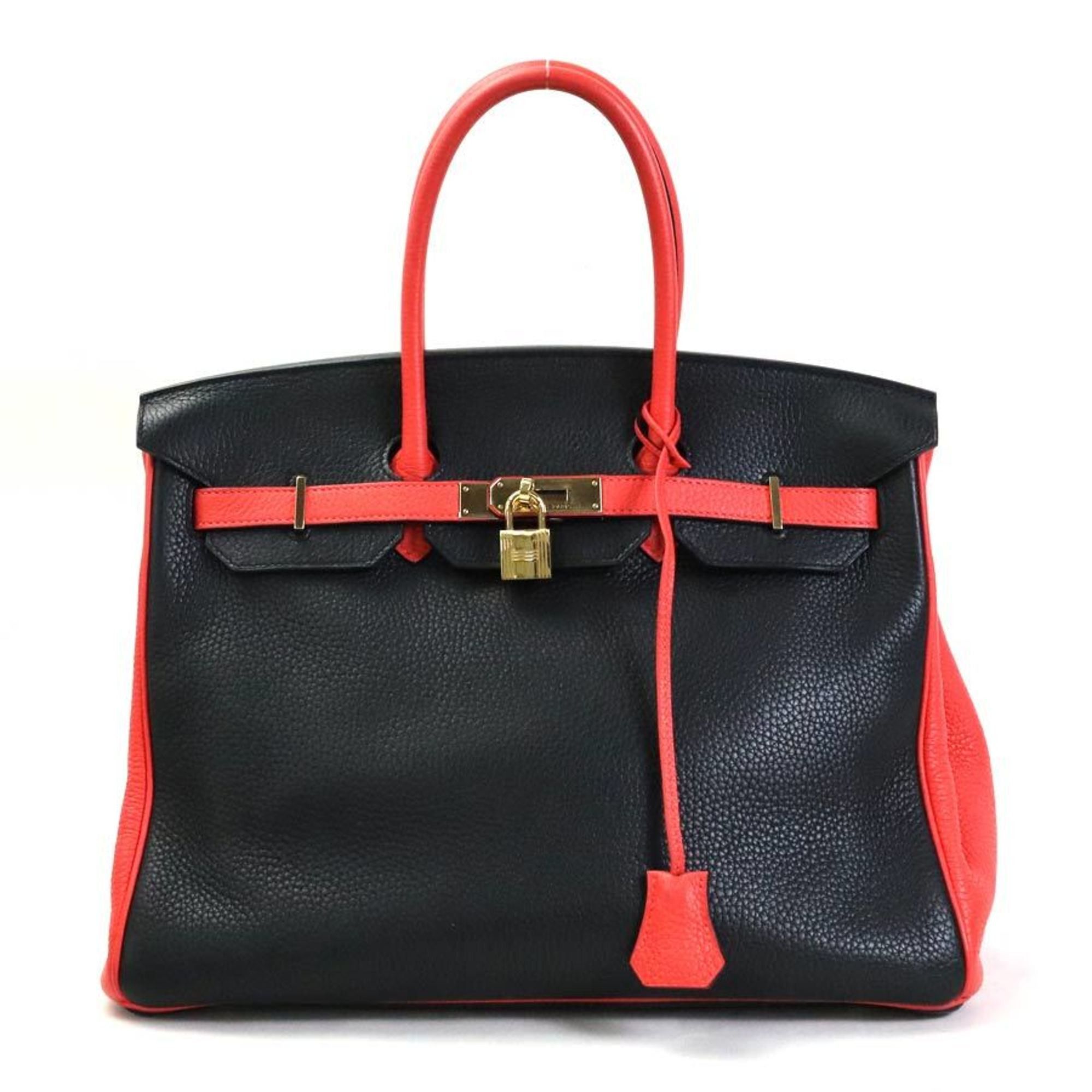 Hermes HERMES Handbag Personal Order Birkin 35 Taurillon Clemence Black x Rouge  Pivoine Gold Unisex