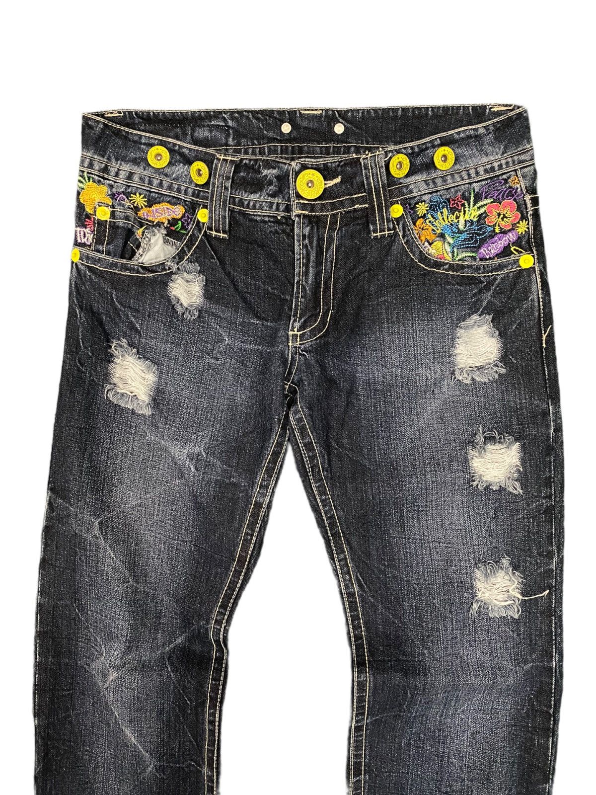 Japanese Brand Blue Distress & Embroidery jeans Size US 31 - 3 Thumbnail