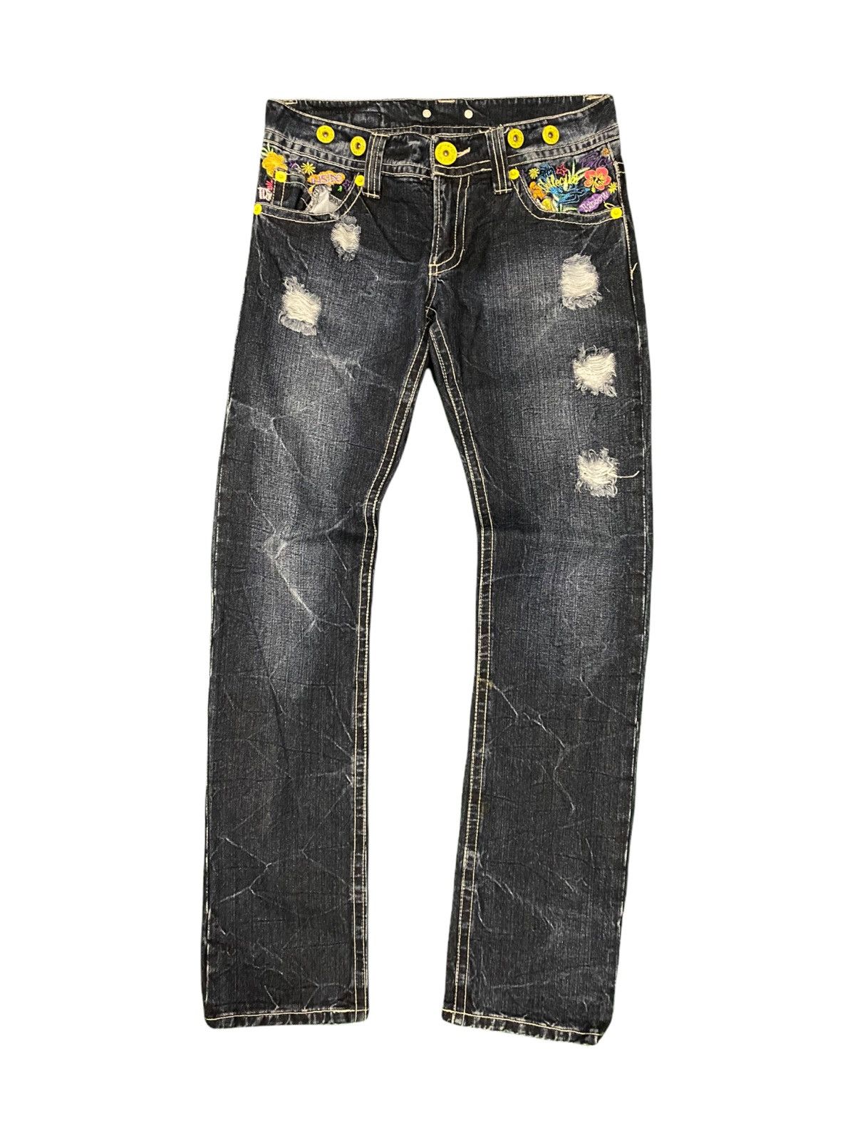 Japanese Brand Blue Distress & Embroidery jeans Size US 31 - 1 Thumbnail