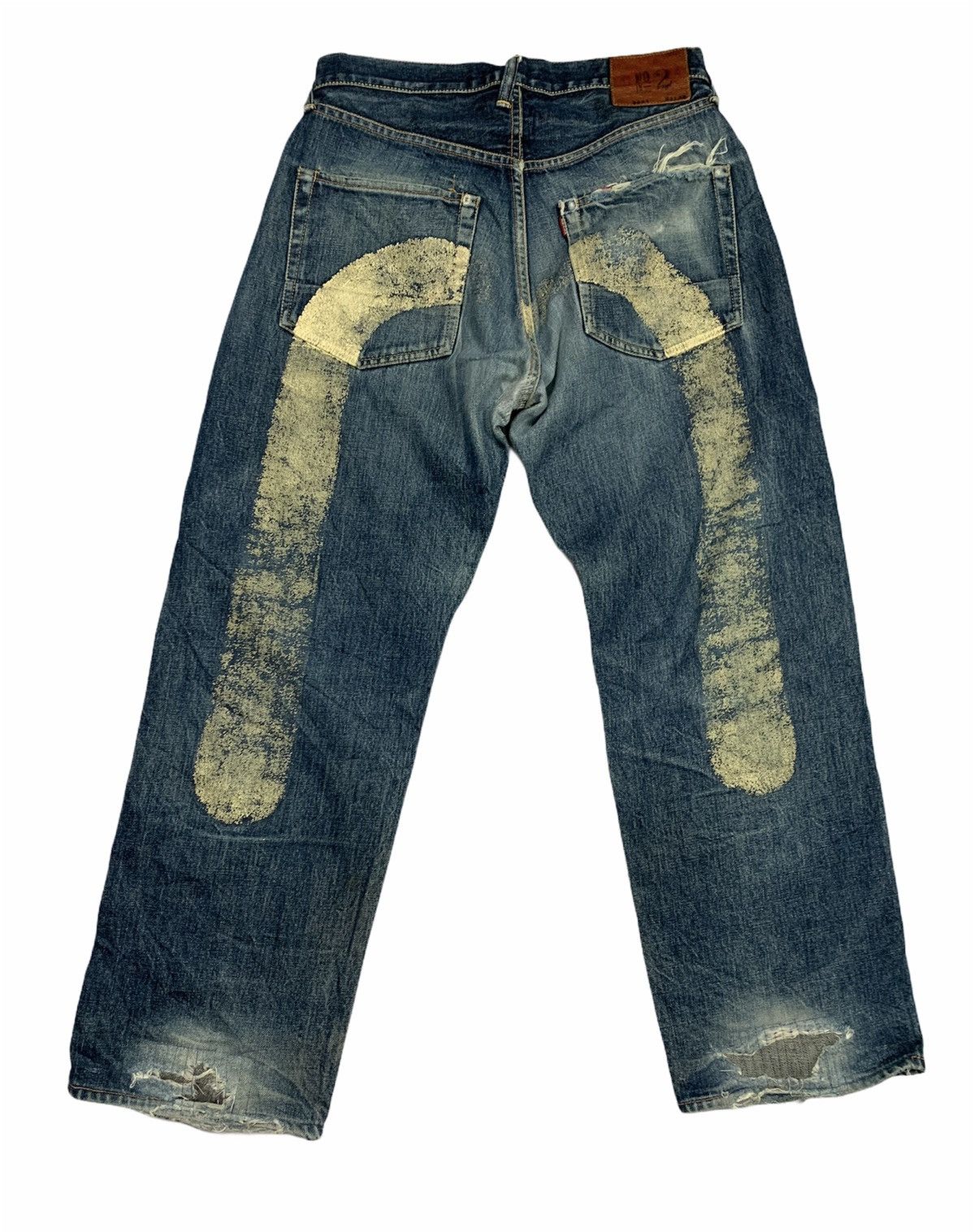 image of New Era Evisu Big Seagull Distressed Selvedge Jeans in Blue, Men's (Size 32)