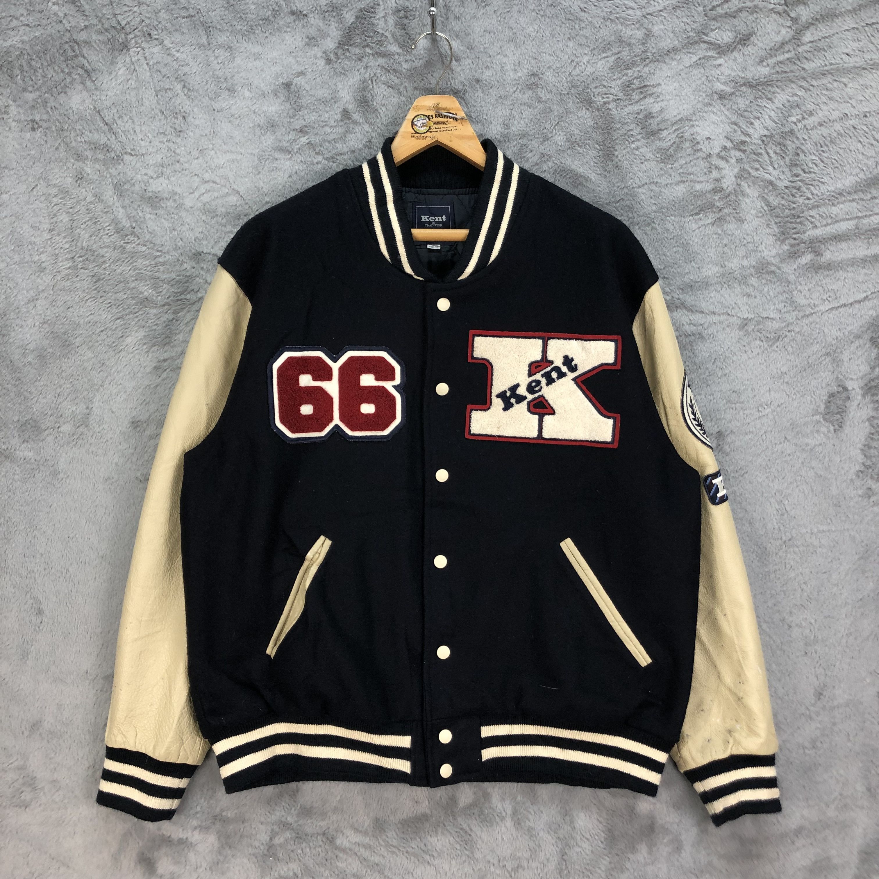 image of Oldvarsitystadium x Vintage Kent Big Logo Wool Leather Varsity Jacket 4889-31 in Black (Size XL)