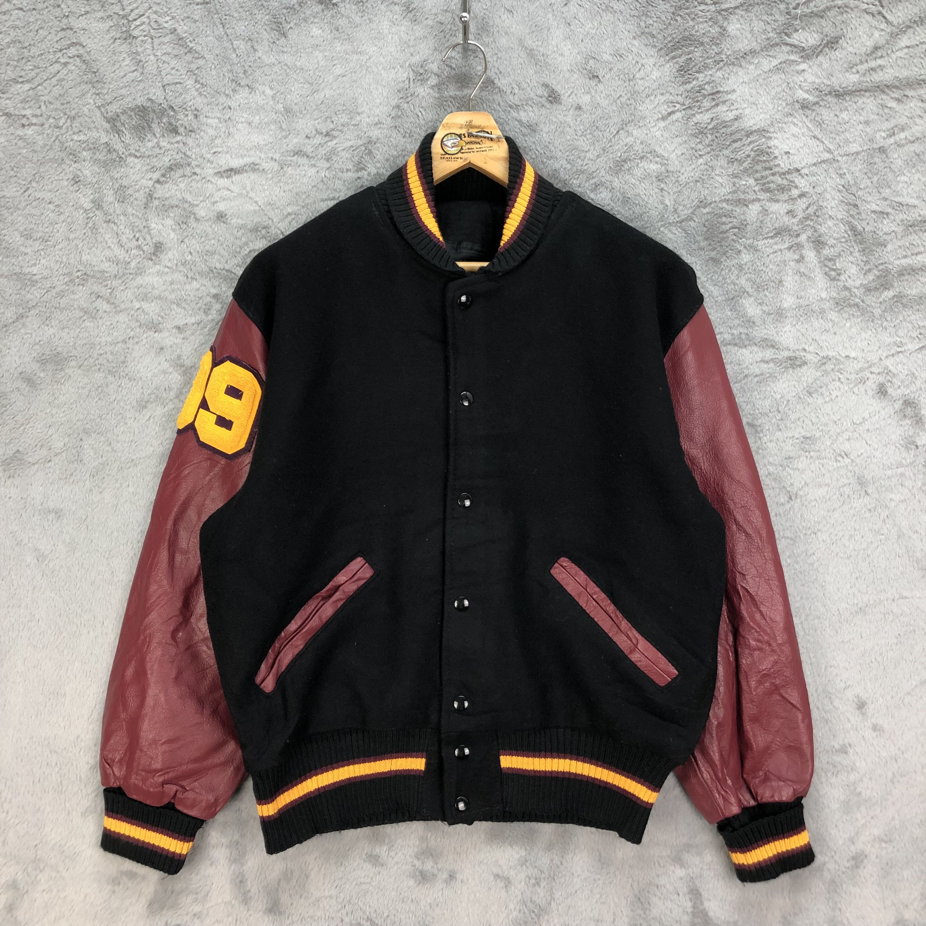 image of Delong Varsity Jackets x Made In USA Vintage Delong 09 Wool Leather Varsity Jackets 4824-172 in Bla