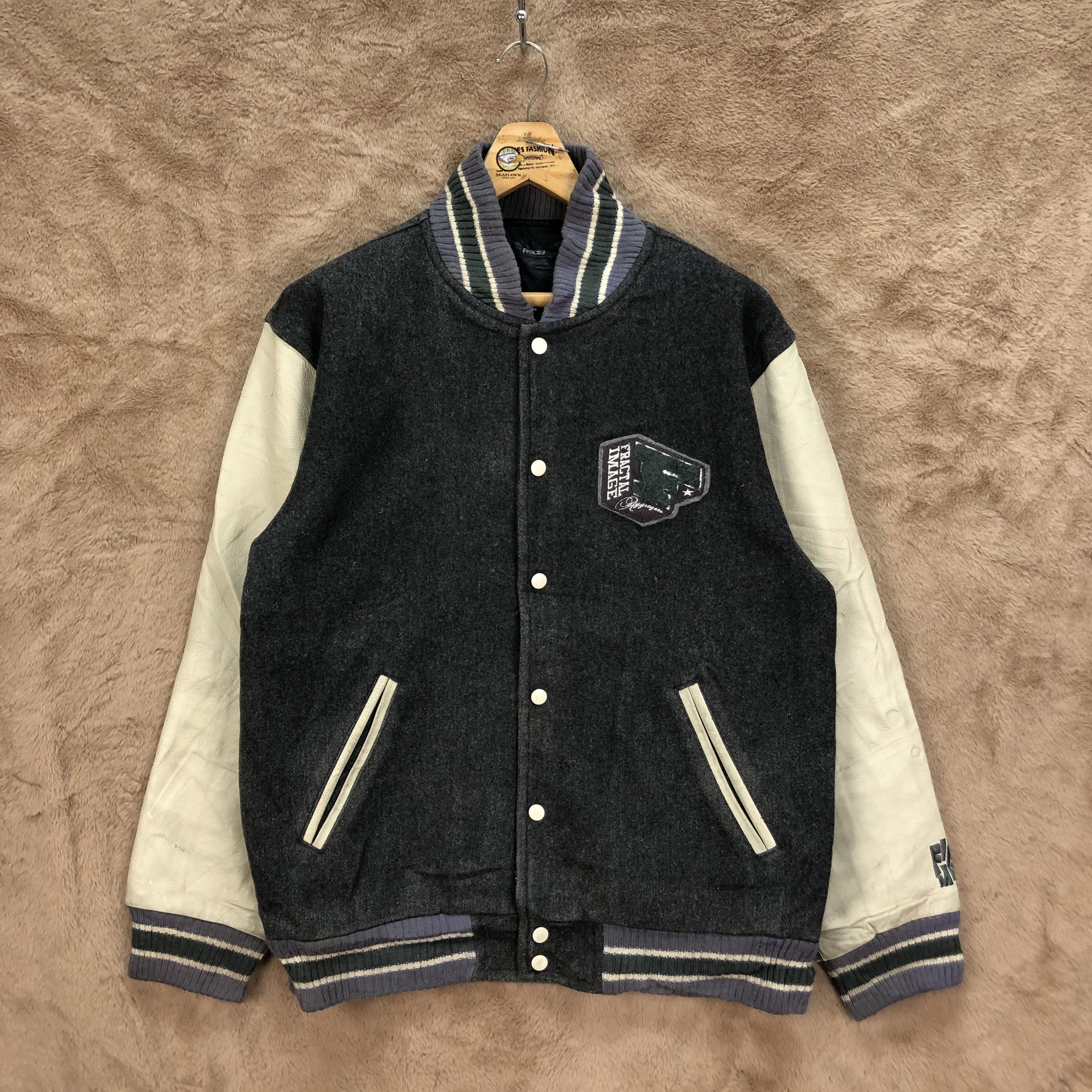 Japanese Brand FRACTAL IMAGE Aggregate Wool Leather Varsity Jacket #4923-36 Size US L / EU 52-54 / 3 - 3 Thumbnail