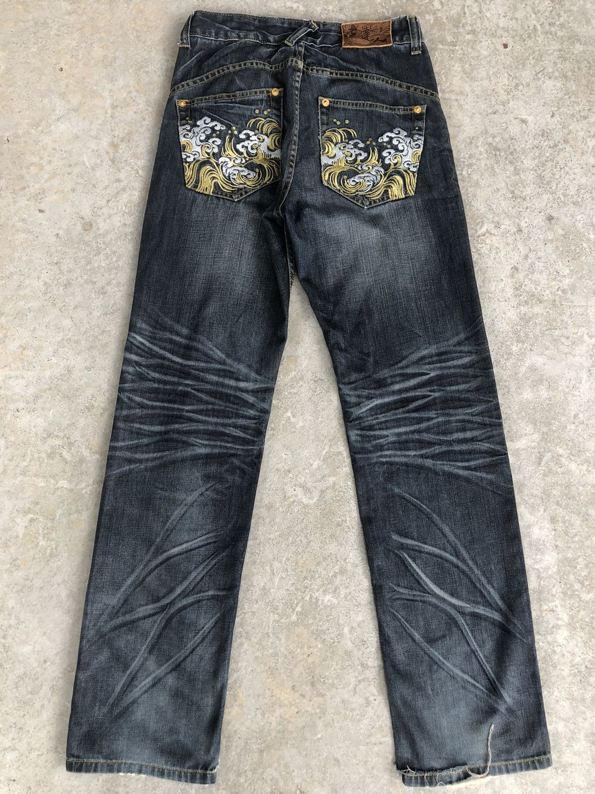 image of Distressed Denim Japanese Big Train Embroidered Jeans Evisu Style in Blue, Men's (Size 30)