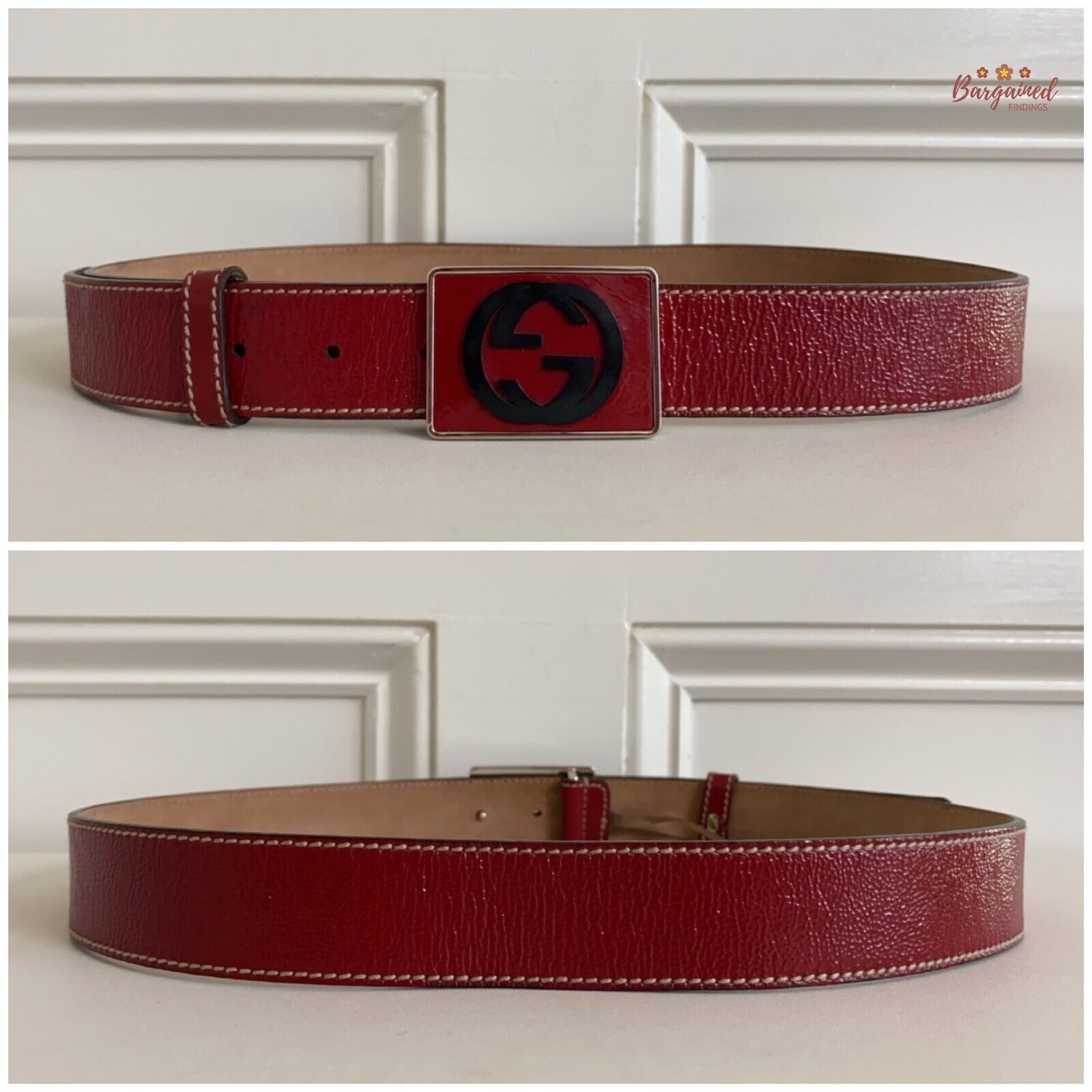 Gucci GUCCI Red Patent Leather Interlocking G Plaque Buckle Belt Size 32 - 4 Thumbnail