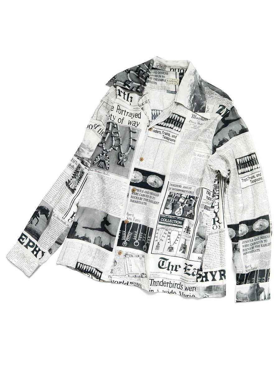 image of Kapital Silk Rayon Pueblo News Paper Open Collar Shirt in White, Men's (Size Medium)