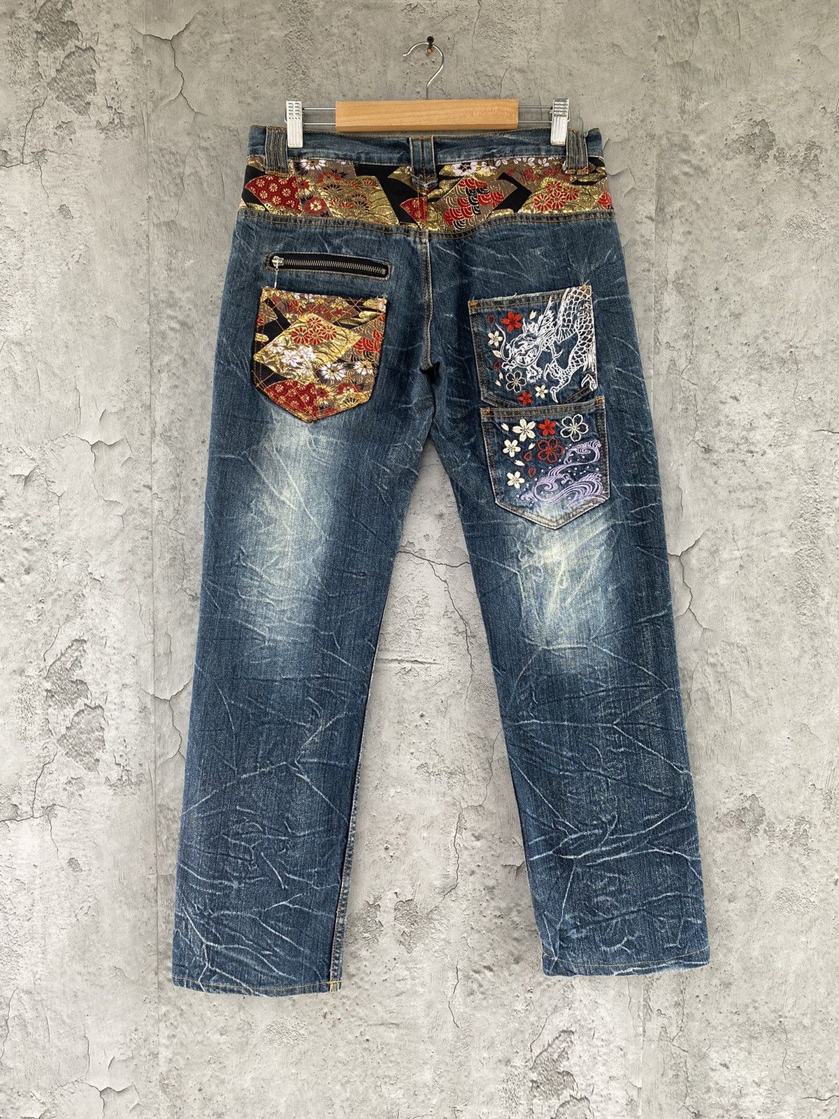 image of Vintage Karakuri Japan Embroidery Sukajan Multi Pocket Denim Pants in Black Blue Wash (Size 30)