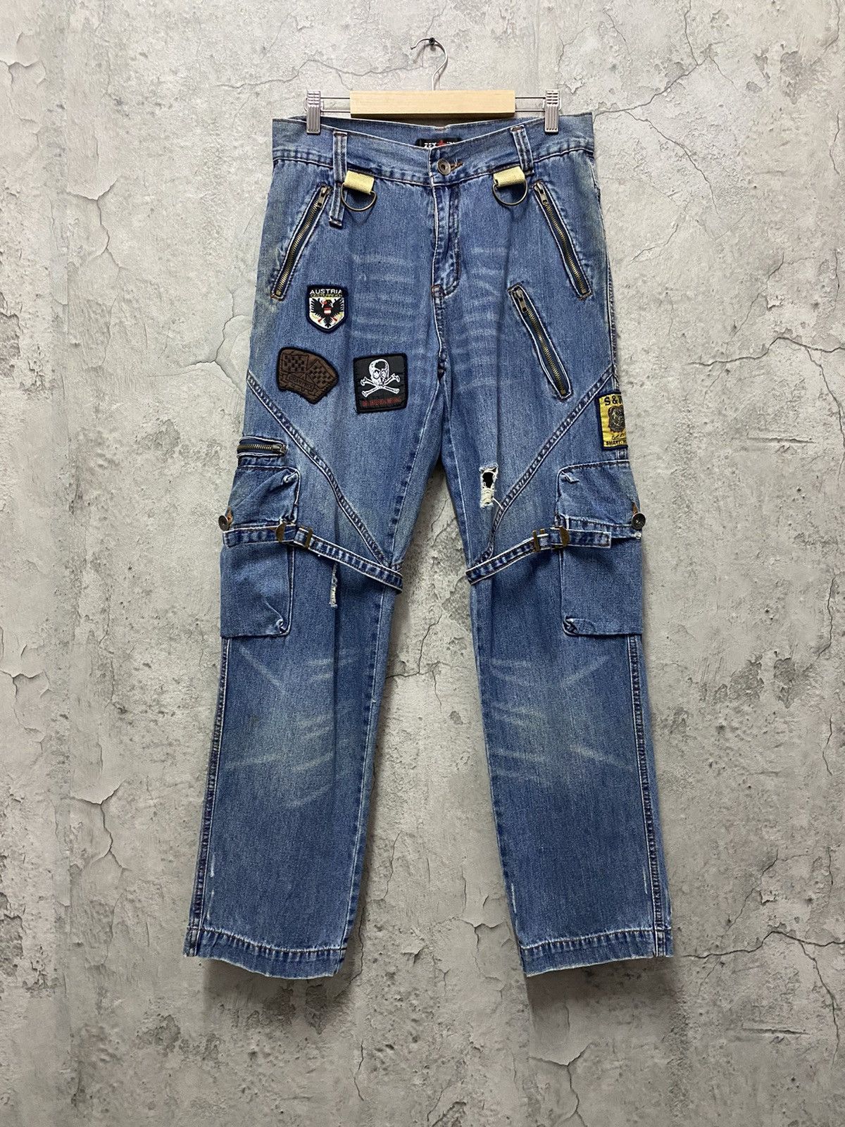Japanese Brand × Vintage Zex Japan Cargo Bondage Patched distressed Denim Pants Size US 30 / EU 46 - 1 Thumbnail