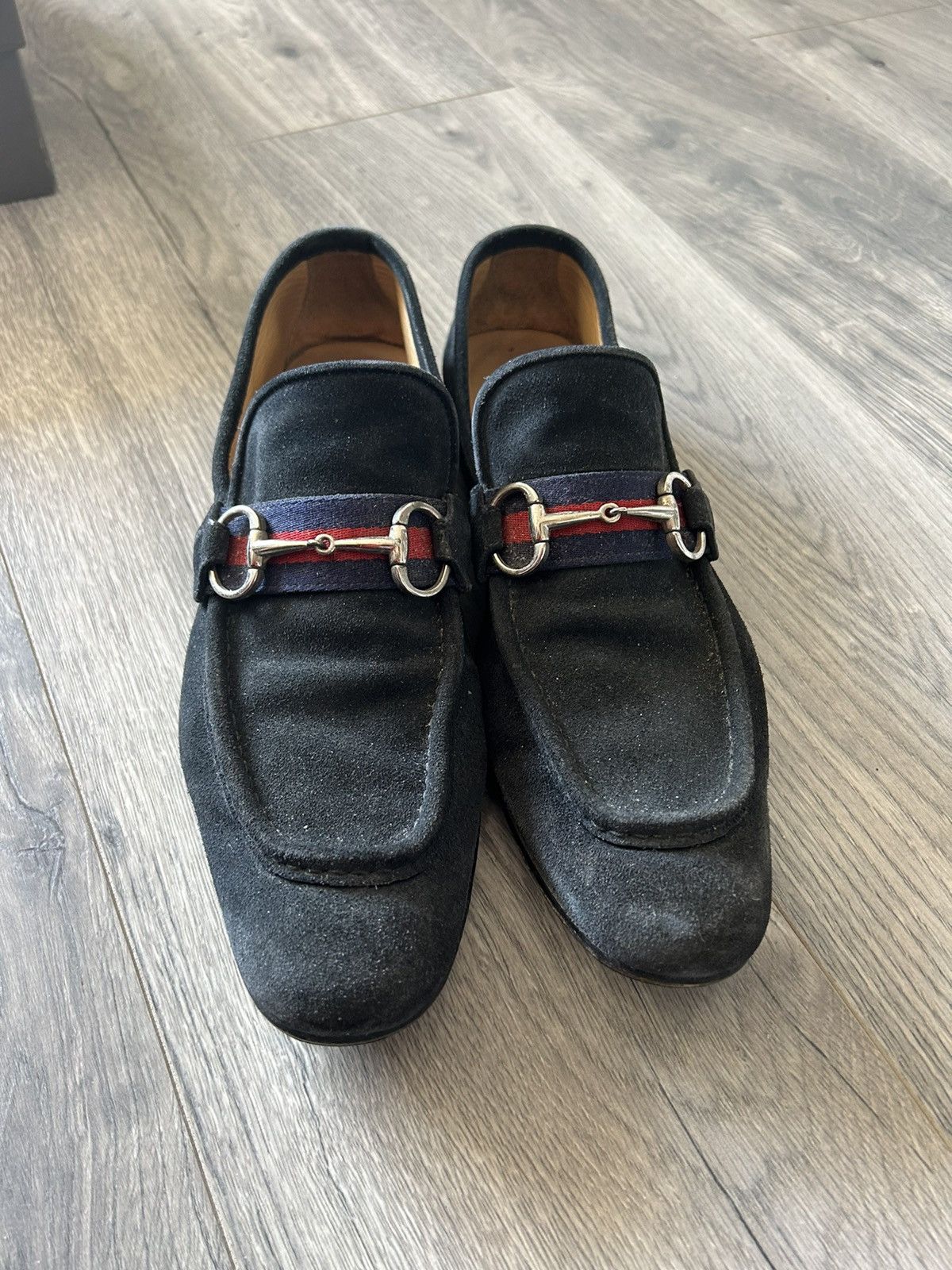 Navy Suede Loafers with Horsebit and Web Details