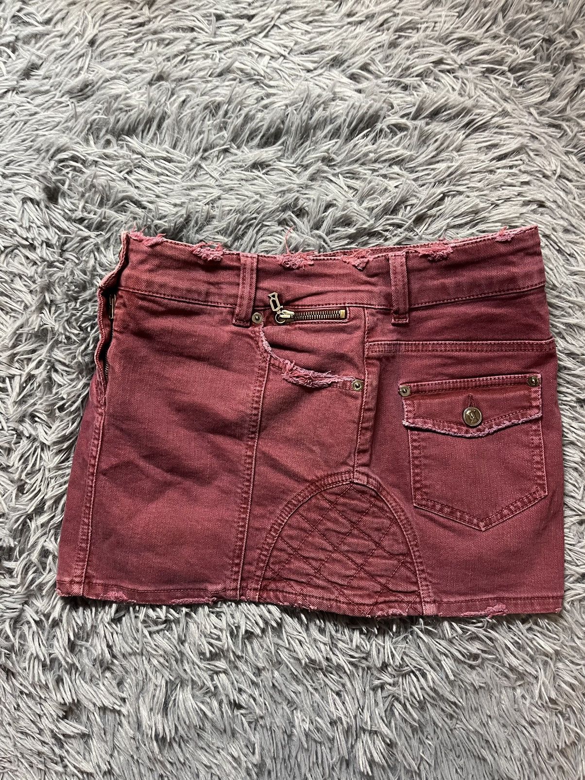 John Galliano × Vintage Galliano 90s vintage distressed denim burgundy mini skirt Size 27" / US 4 / IT 40 - 14 Thumbnail