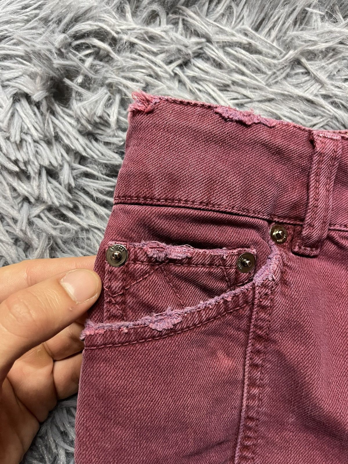 John Galliano × Vintage Galliano 90s vintage distressed denim burgundy mini skirt Size 27" / US 4 / IT 40 - 4 Thumbnail
