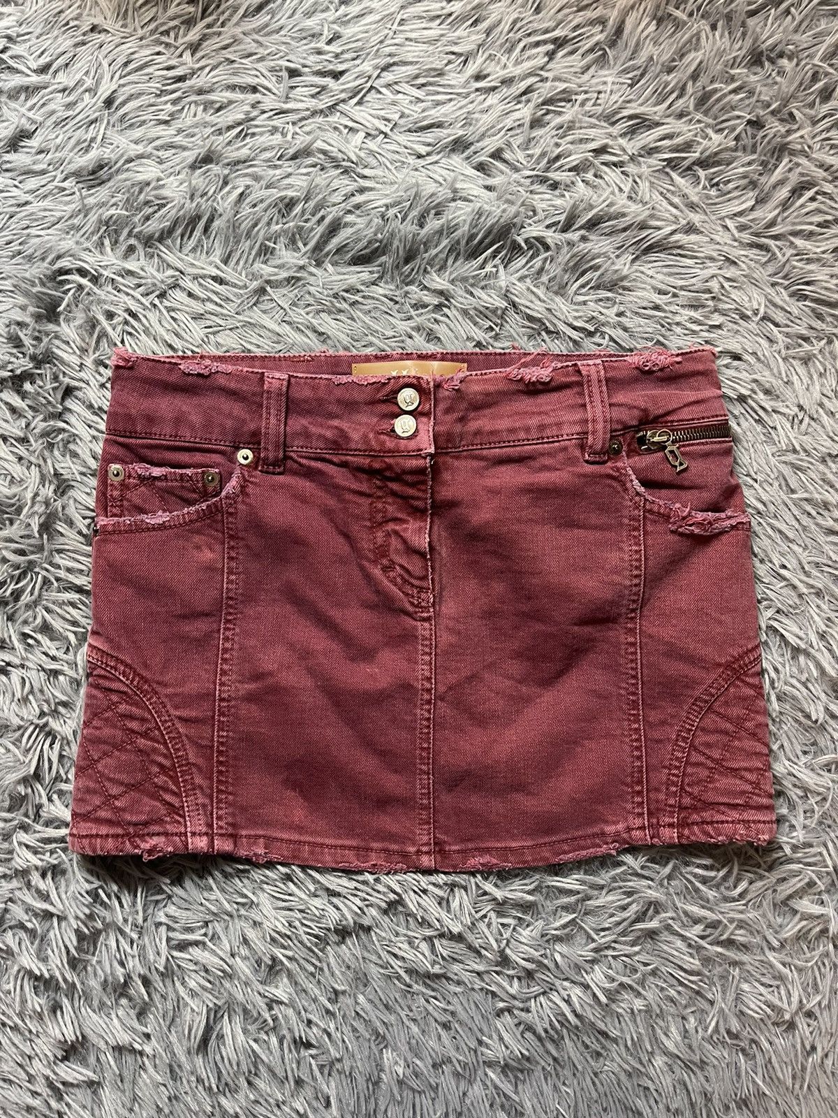 John Galliano × Vintage Galliano 90s vintage distressed denim burgundy mini skirt Size 27" / US 4 / IT 40 - 1 Thumbnail