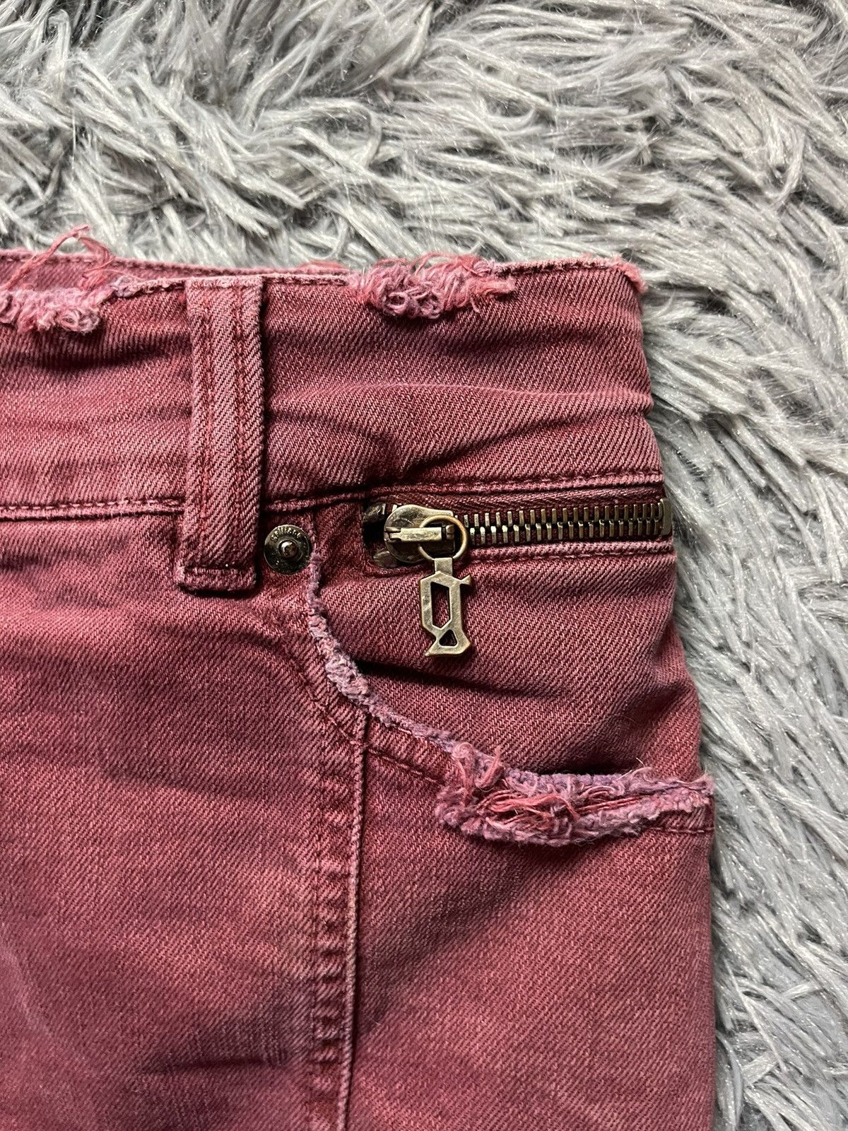 John Galliano × Vintage Galliano 90s vintage distressed denim burgundy mini skirt Size 27" / US 4 / IT 40 - 2 Thumbnail