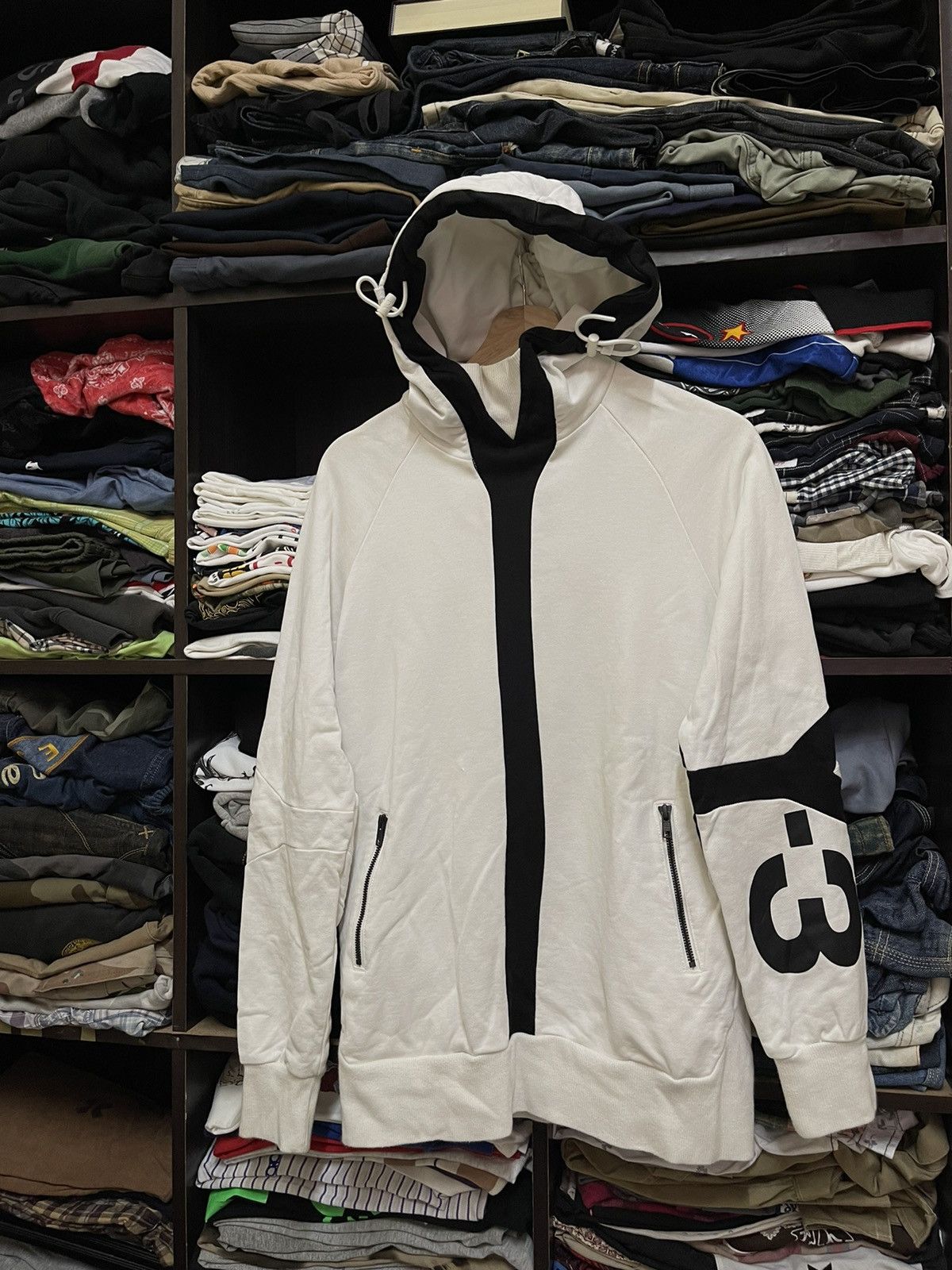 image of Y3 Adidas Hoodie in White Black, Men's (Size Large)