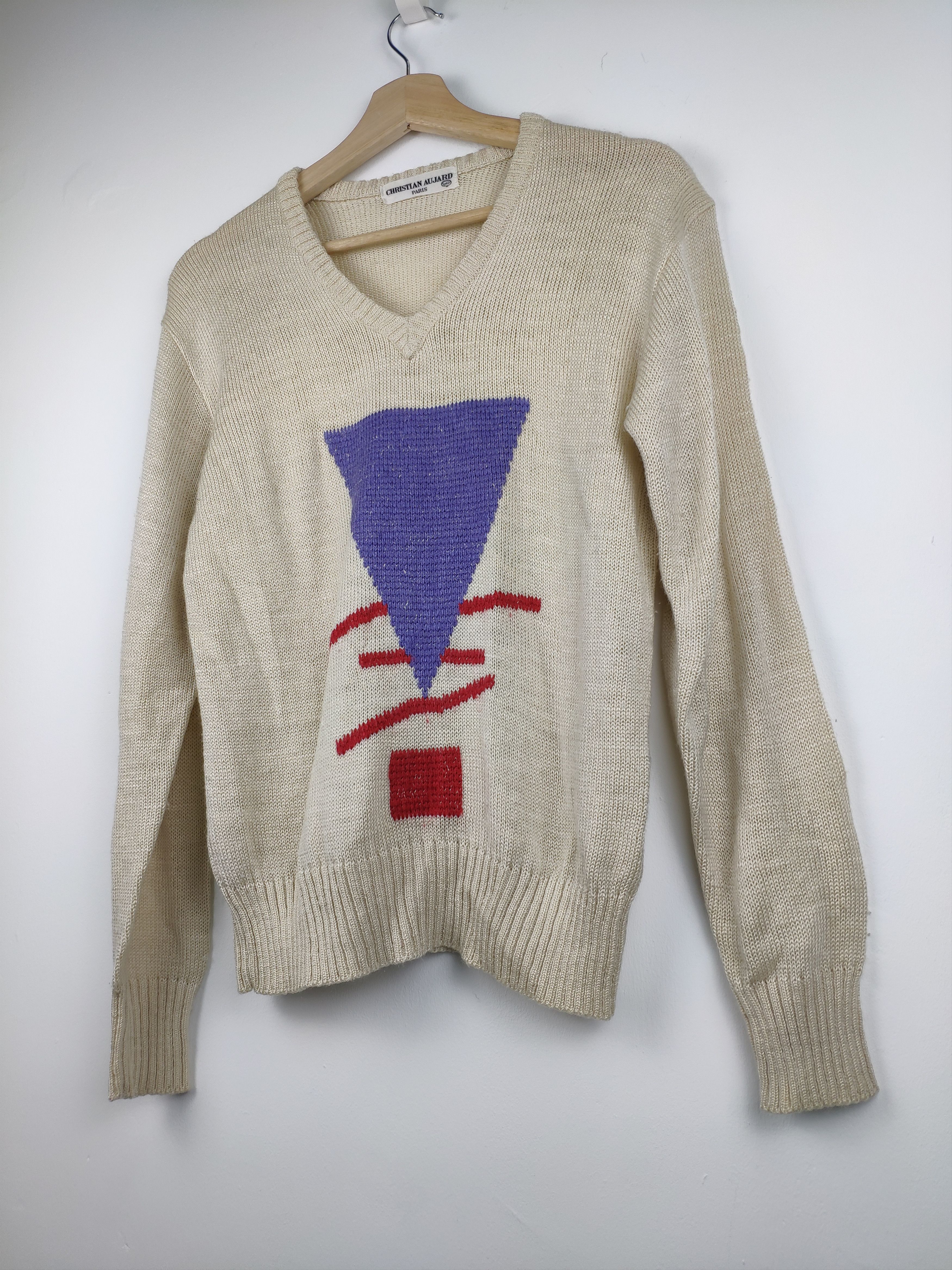 Designer × Japanese Brand × Vintage Christian Aujard Wool Knit Sweater V Neck Size S / US 4 / IT 40 - 2 Thumbnail