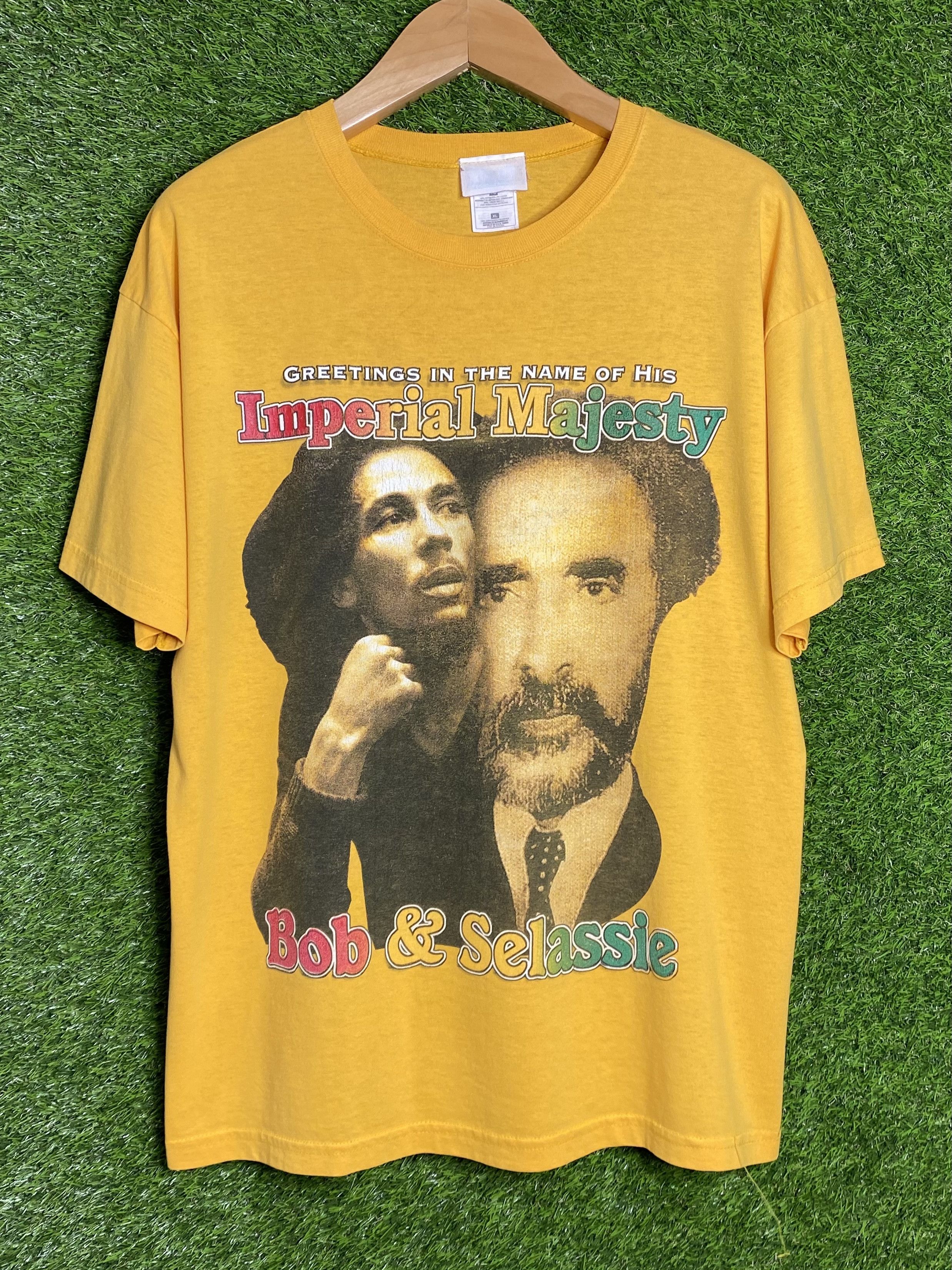 image of Rap Tees x Vintage Bob Marley Haile Selassie Bootleg Rap Tee Shirt in Yellow, Men's (Size XL)