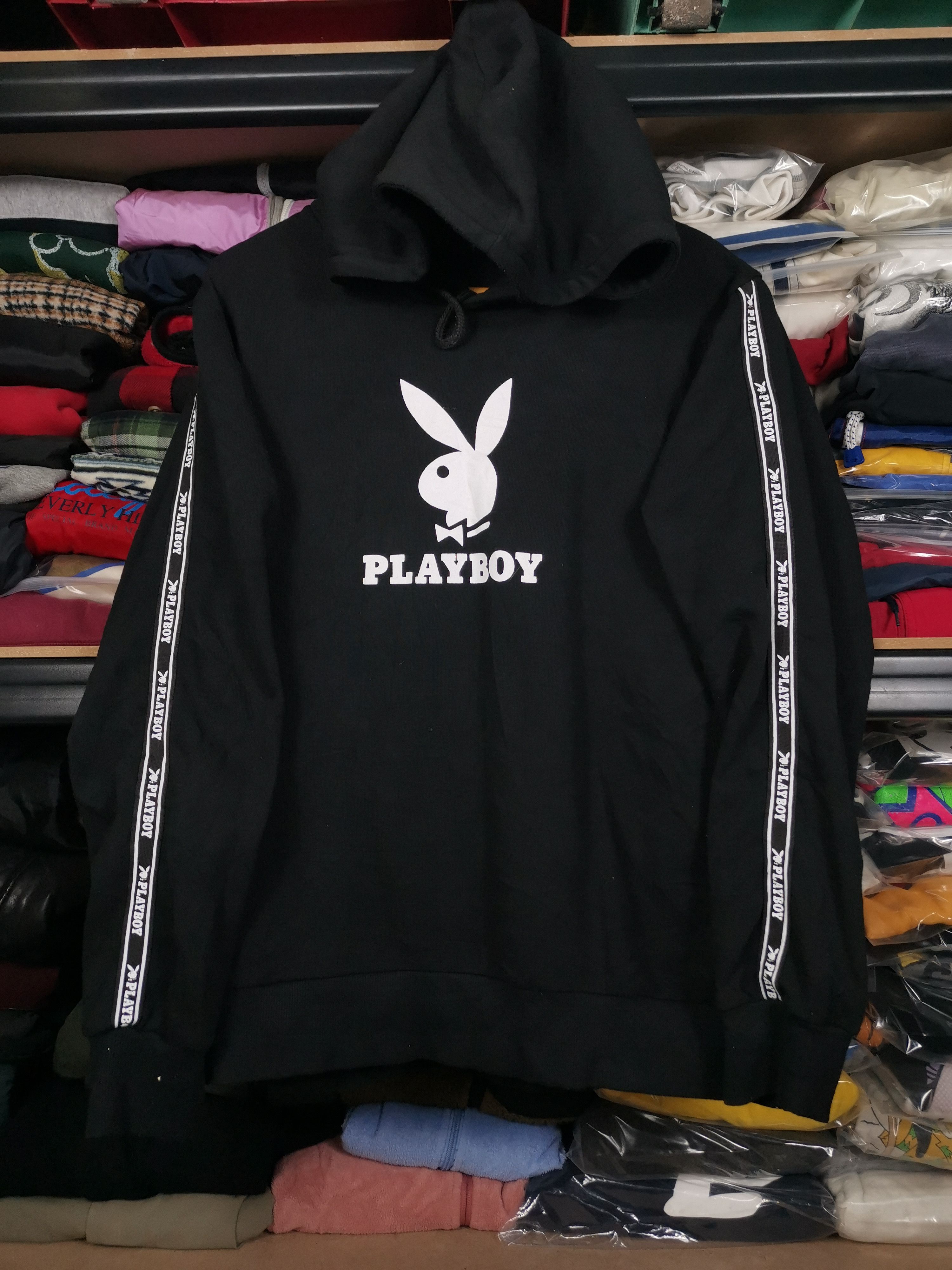 image of Playboy Center Side Tape Pullover Hoodie in Black, Men's (Size Large)