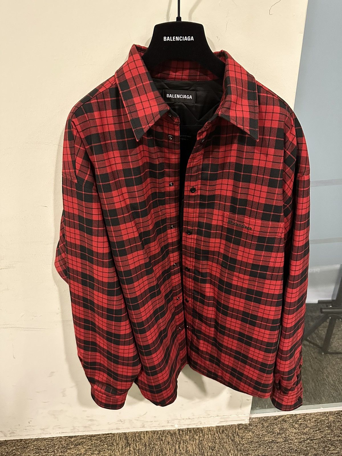 image of Balenciaga Fw2020 Quilted Flannel/shirt in Red, Men's (Size Large)