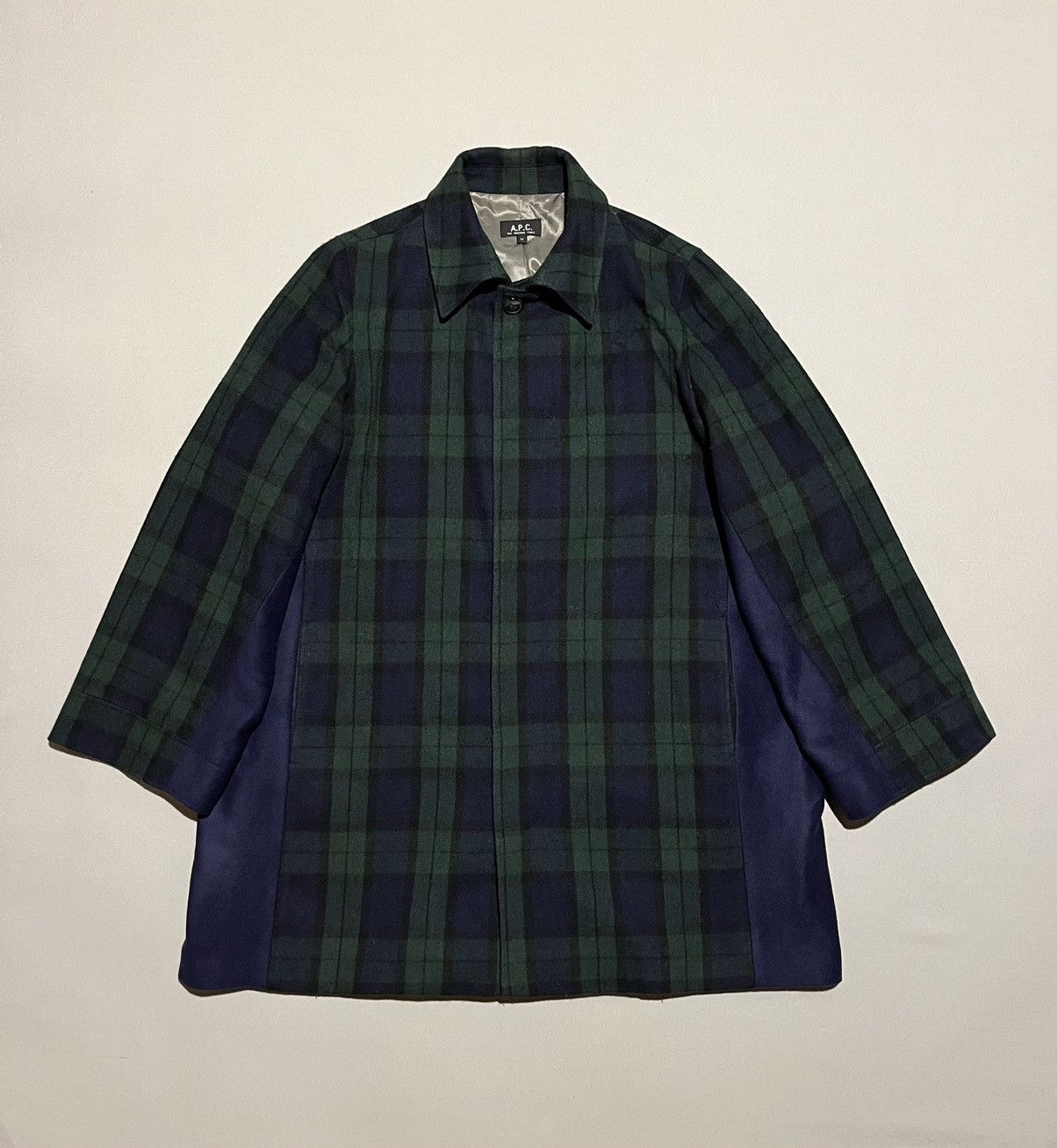image of A P C Black Watch Tartan Wool Oversized Coat in Green, Men's (Size Large)