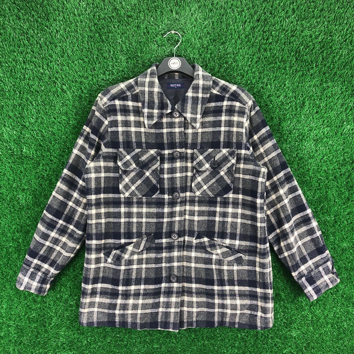 image of Vintage 90's Wool Jacket Tartan Check By West Win in Black Grey Tartan, Men's (Size Medium)