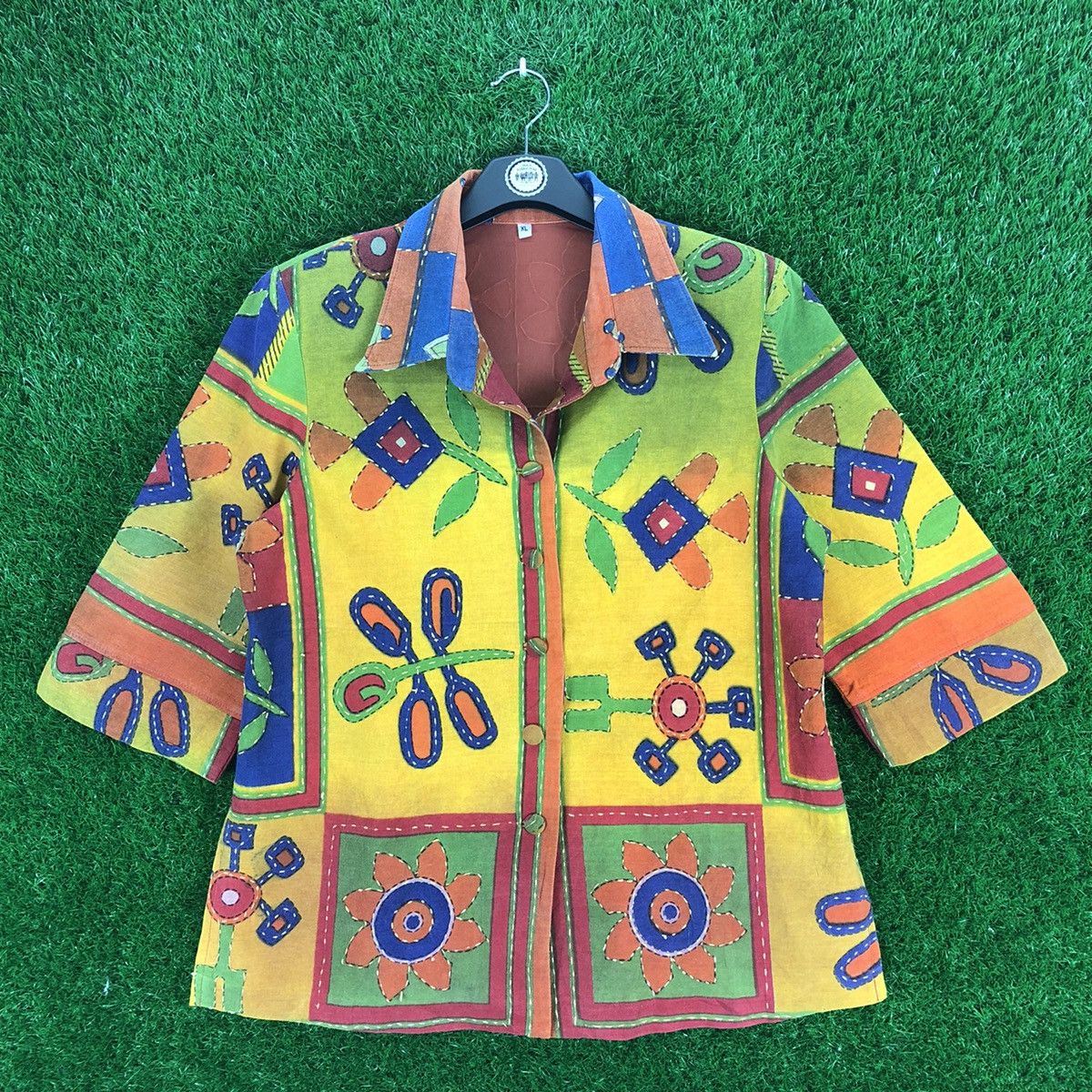 image of Tailor Made x Vintage Blouse Jacket Multicolor Sashiko Stitching Art, Women's (Size Large)