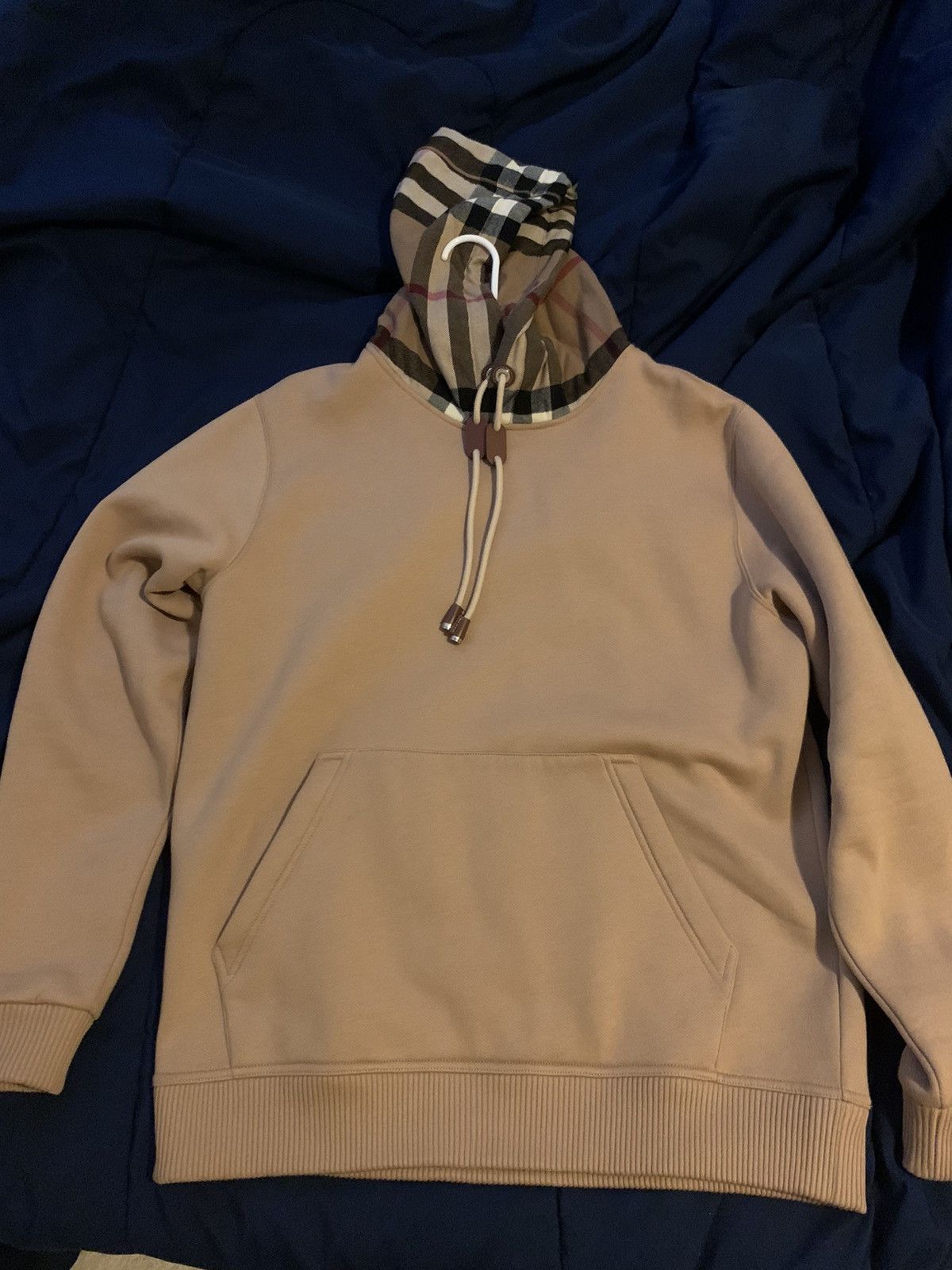 image of Burberry Check Hood Cotton Blend Hoodie in Camel, Men's (Size Small)