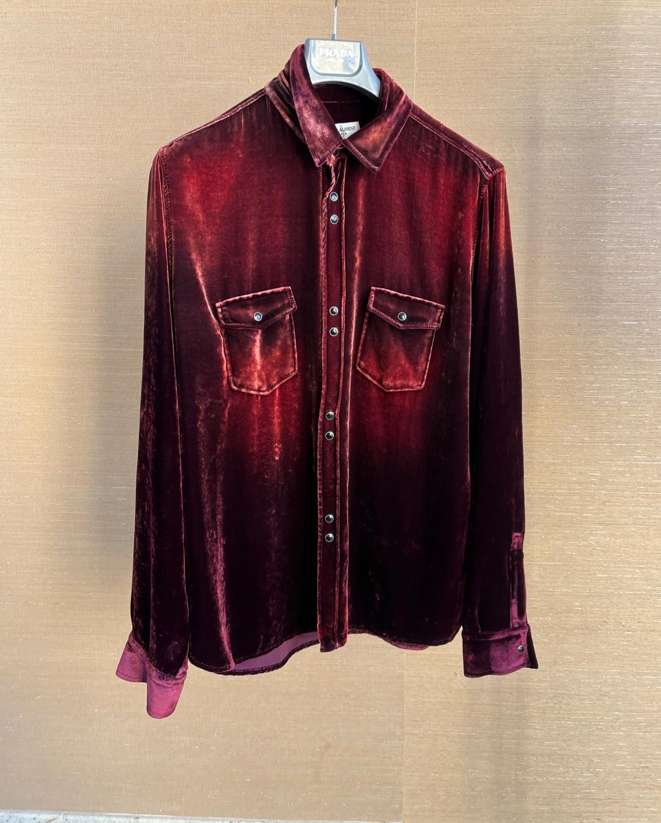 Pre-owned Saint Laurent Velvet Button Up Shirt In Deep Maroon