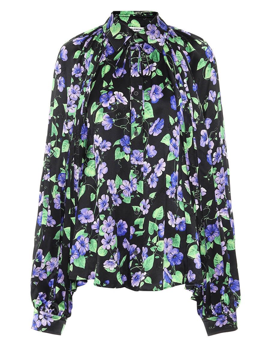 image of Balenciaga Floral Jacquard Bell Sleeve Shirt in Black, Women's (Size XS)