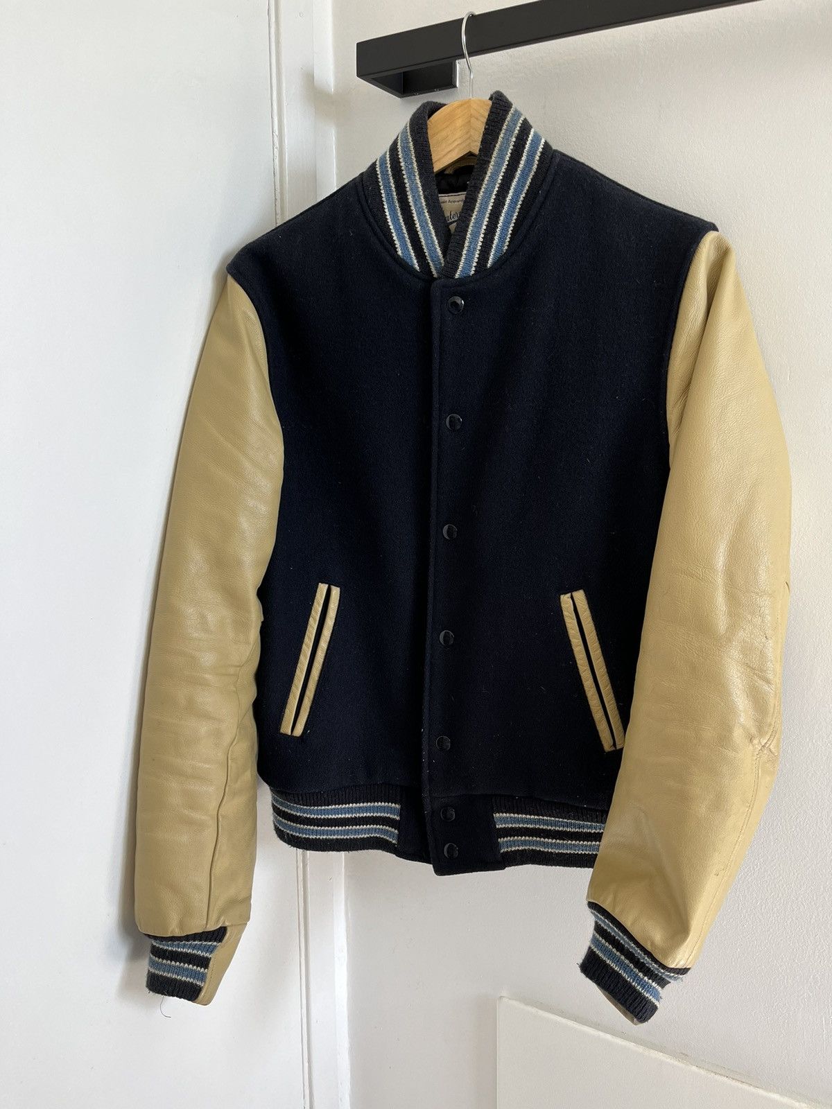 Vintage Vintage Slater & Sons Navy Tan Leather Varsity Jacket | Grailed