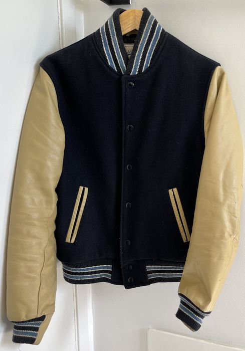 Vintage Vintage Slater & Sons Navy Tan Leather Varsity Jacket | Grailed