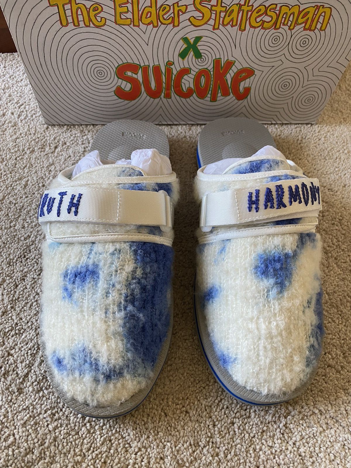 image of Suicoke X Elder Statesman Zavo Cashmere Blue White Slides, Men's (Size 9)