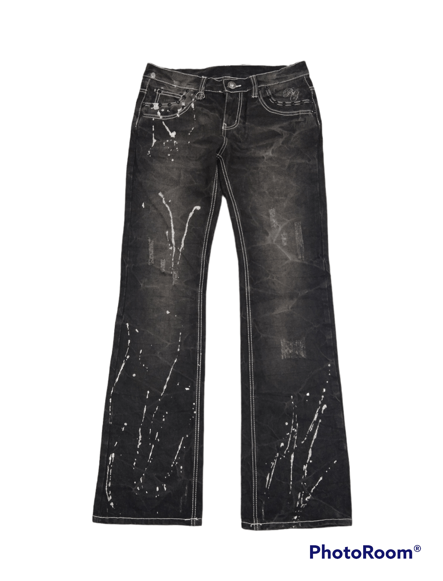 image of Art Comes First x Distressed Denim Flaresuper Sick Splatted Studded Bernings Sho Denim Pants in Bla